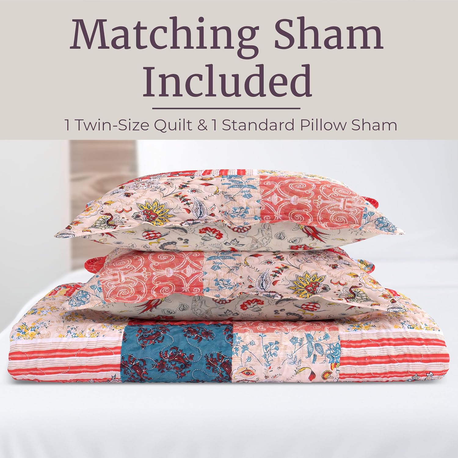 Lavish Home 2-Piece Twin Quilt Set - Mallory Classic Patchwork Twin Size Quilt Bedding Set with Pillow Sham - Machine Washable Lightweight Bedding (Multicolor)