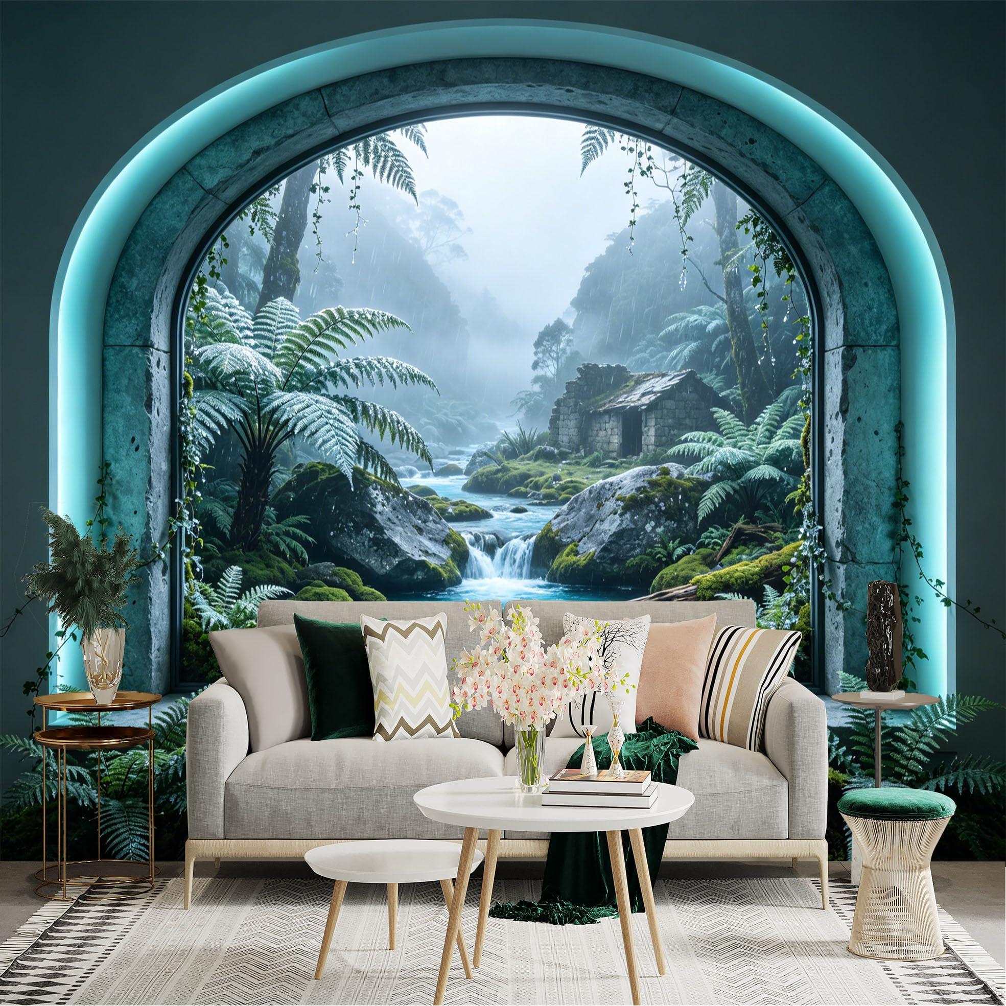 Lnzczhyre Dbh260521085 Custom Size Wall Sticker Mural， Misty Rainforest Stream， Ancient Stone Cottage， Lush Fern Foliage， Serene River Landscape， For Wall Decoration， Peelandstick Wall Decals.