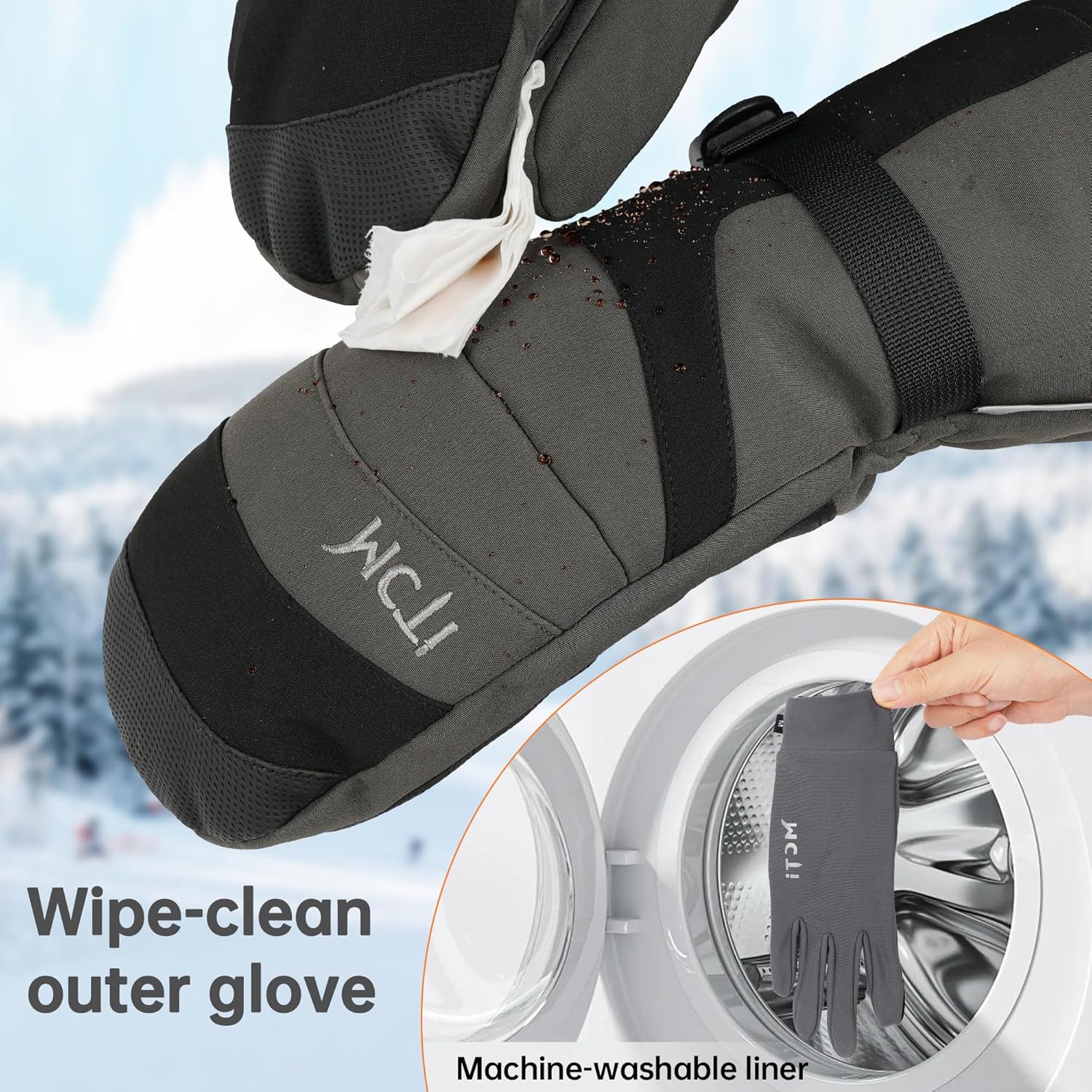 MCTi 2 in 1 Winter Ski Gloves for Men, Waterproof Snowboard Gloves, Thick Ski Mittens & Fleece Glove Liners, 2 Pairs