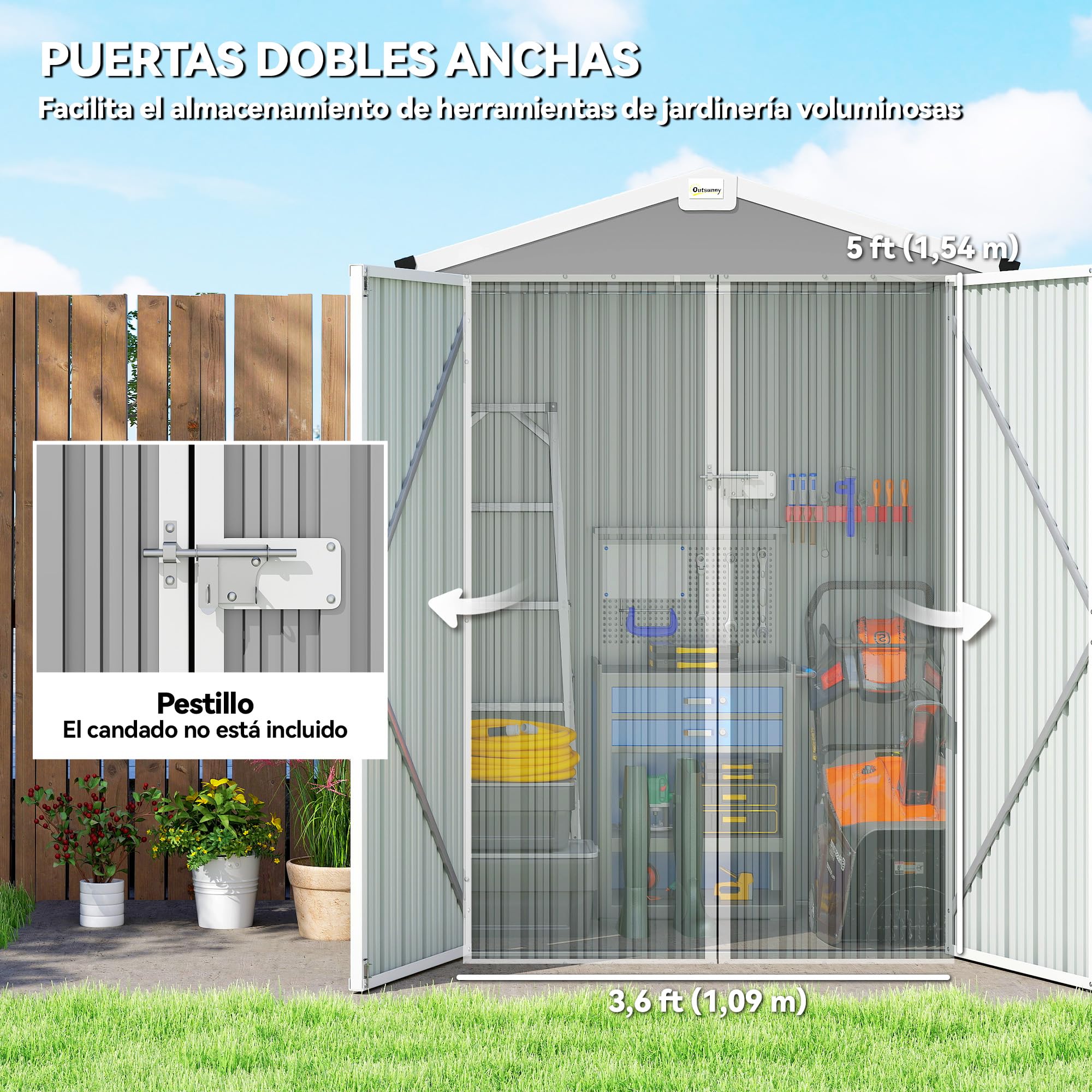 Outsunny Caseta de Jardín Exterior 1,1 m², 133x87x178 cm, Cobertizo Metálico con Puertas Abatibles Dobles, Techo a Dos Aguas y Guantes, Almacenaje de Herramientas y Bicicletas, Gris