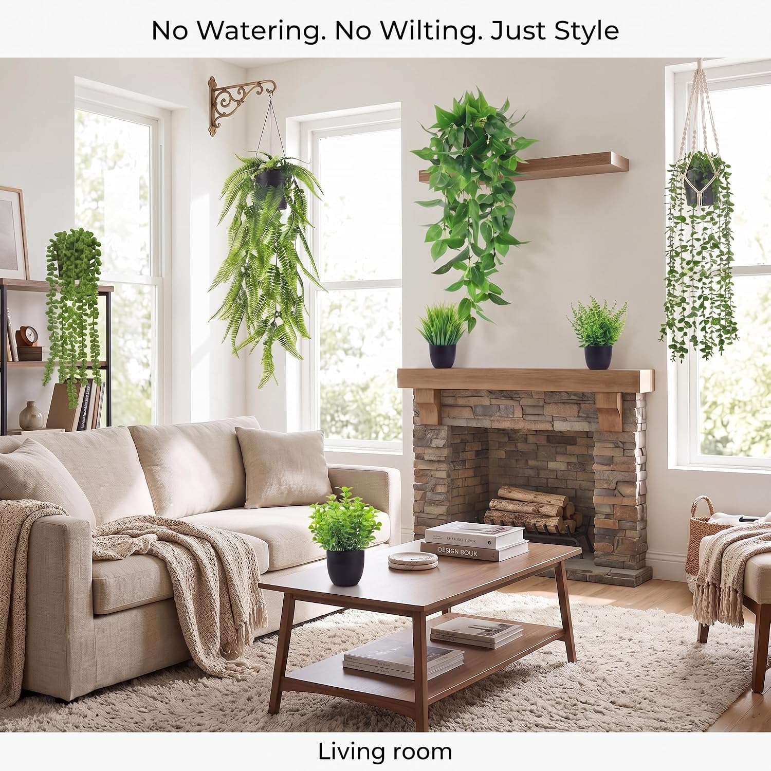 8 Pack Fake Plants - Artificial Hanging Plants & Small Potted Faux Eucalyptus Fern Ivy, UV Resistant Maintenance-Free, for Shelf Wall Desk Home Office Bathroom Indoor Outdoor Decor
