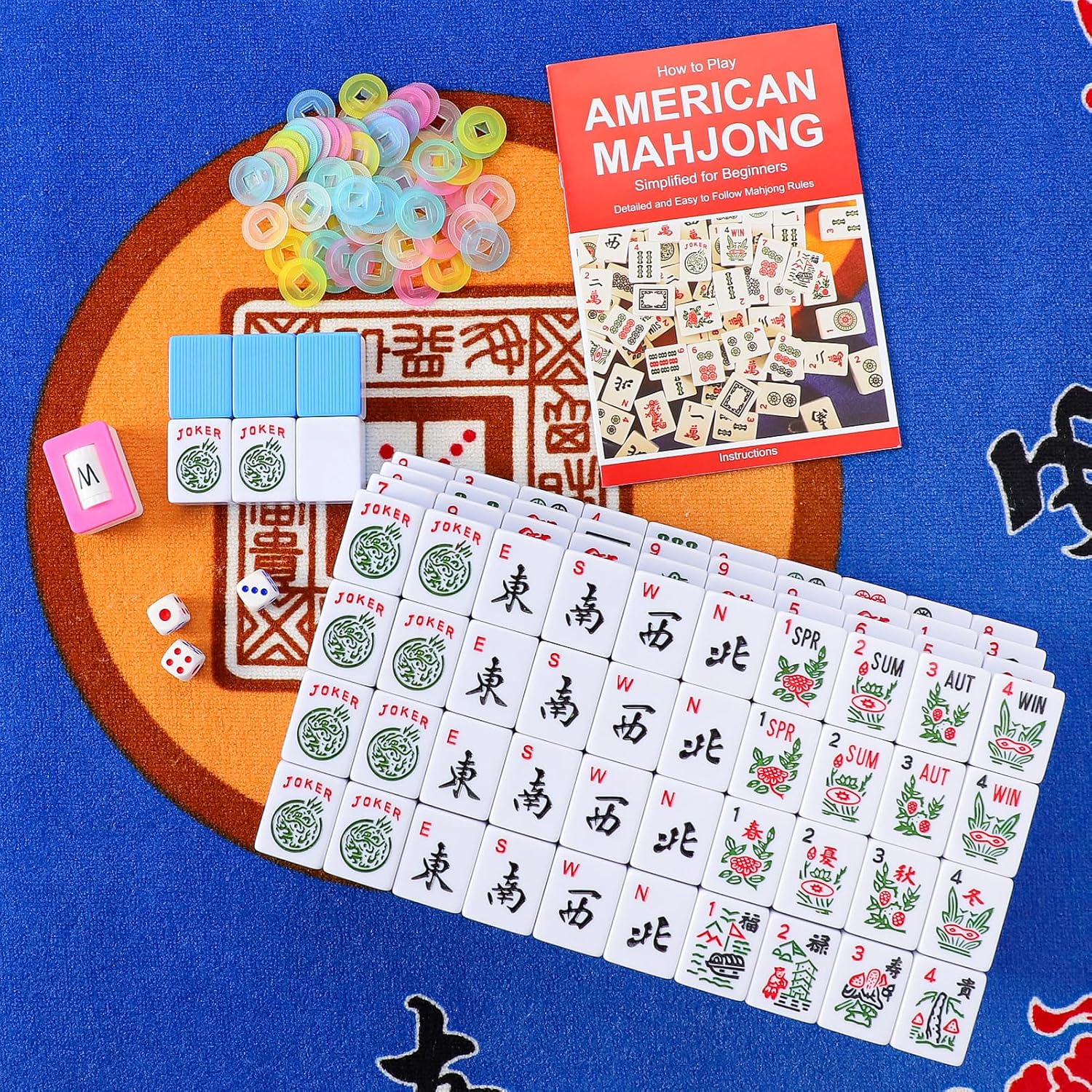 American Mahjong Game Set, Mahjong Tile Set with 166 Numbered Large Tiles (1.5", Blue), Mahjong Tiles Set with Blue Carrying Bag
