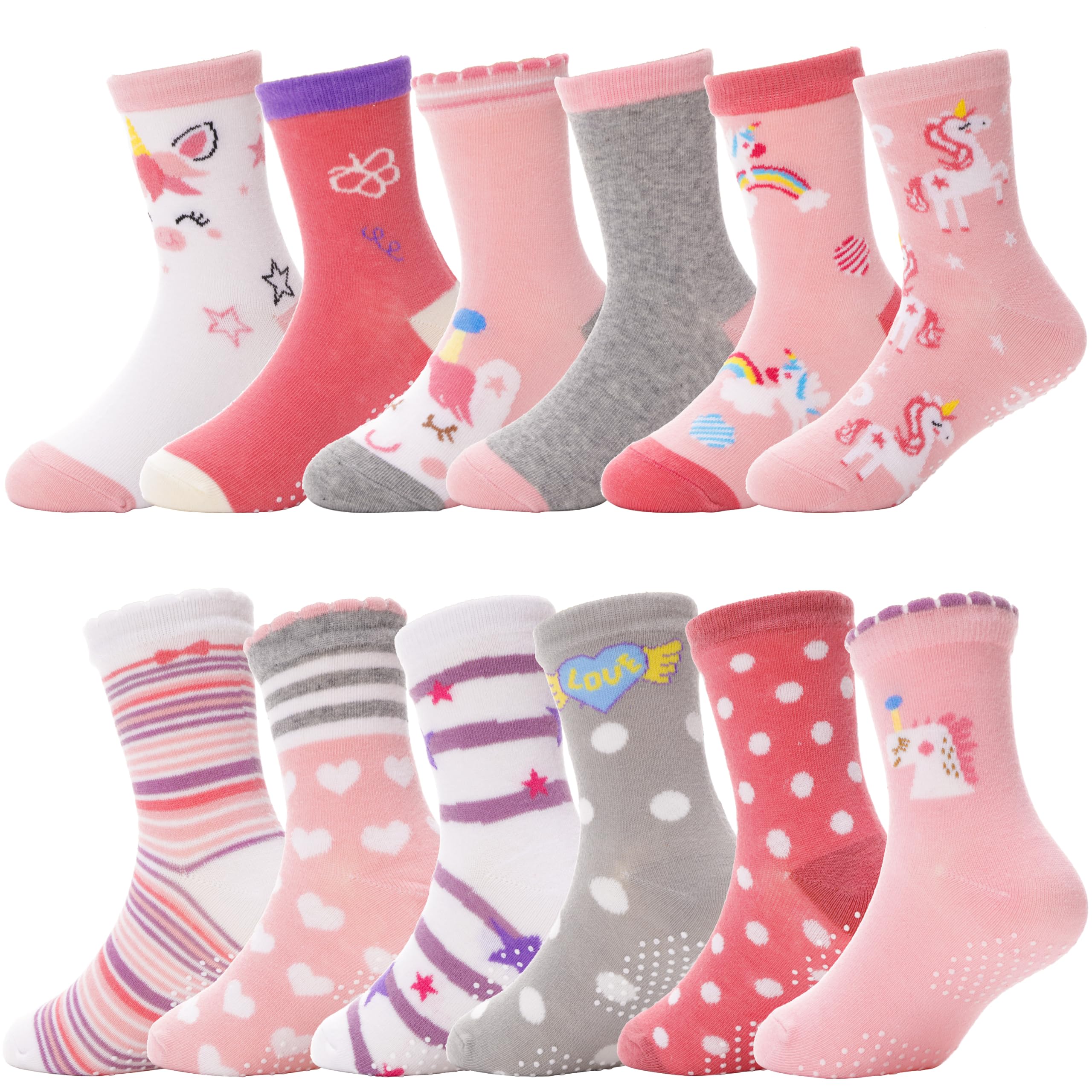 ANTSANG Baby Girls Toddlers Grips Socks, Kids Unicorn Crew Cotton Socks