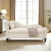 64.5'' Chesterfield Chaise Lounge, Beige Velvet Upholstered Cloud Fainting Couch, Chase Sleeper Sofa Chair with Left Armrest/Lumbar Pillow/Storage for Indoor Living Space Beige, 64.5"W, Left