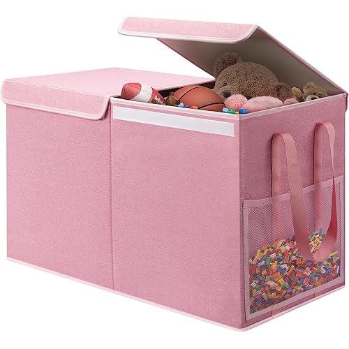 Large Toy Box for Boys Girls Toy Chest Kids Toy Storage Organizer Collapsible Toy Storage Bin Basket with Two Mesh Pockets for Nursery Playroom Bedroom Living Room Organization