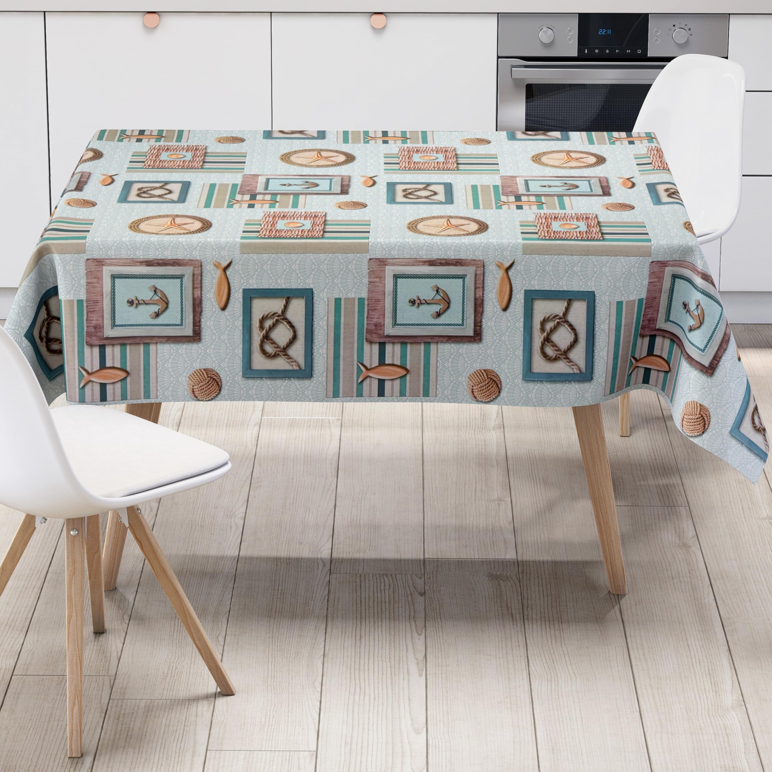 KEVKUS Wachstuch Tischdecke 160 cm Breite P8142-1 maritim Anker Muschel wählbar in eckig, rund und oval - Größe oval 160x180cm mit Paspelband