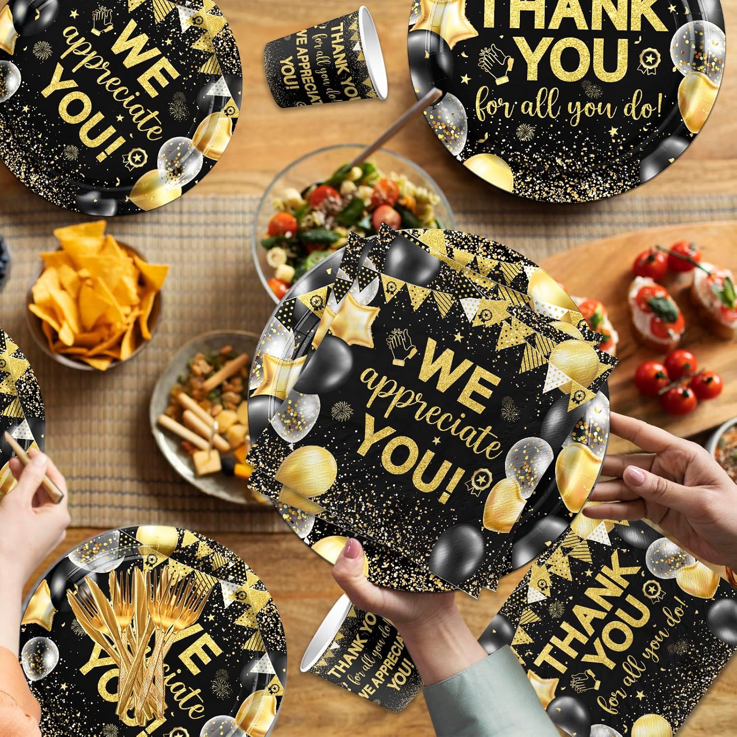Appreciation Decorations,Black and Gold Thank You Plates And Napkins 142pcs Thank You For All You Do Party Plates Napkin Cups Tablecloth For We Appreciate You Party Supplies - Image 4