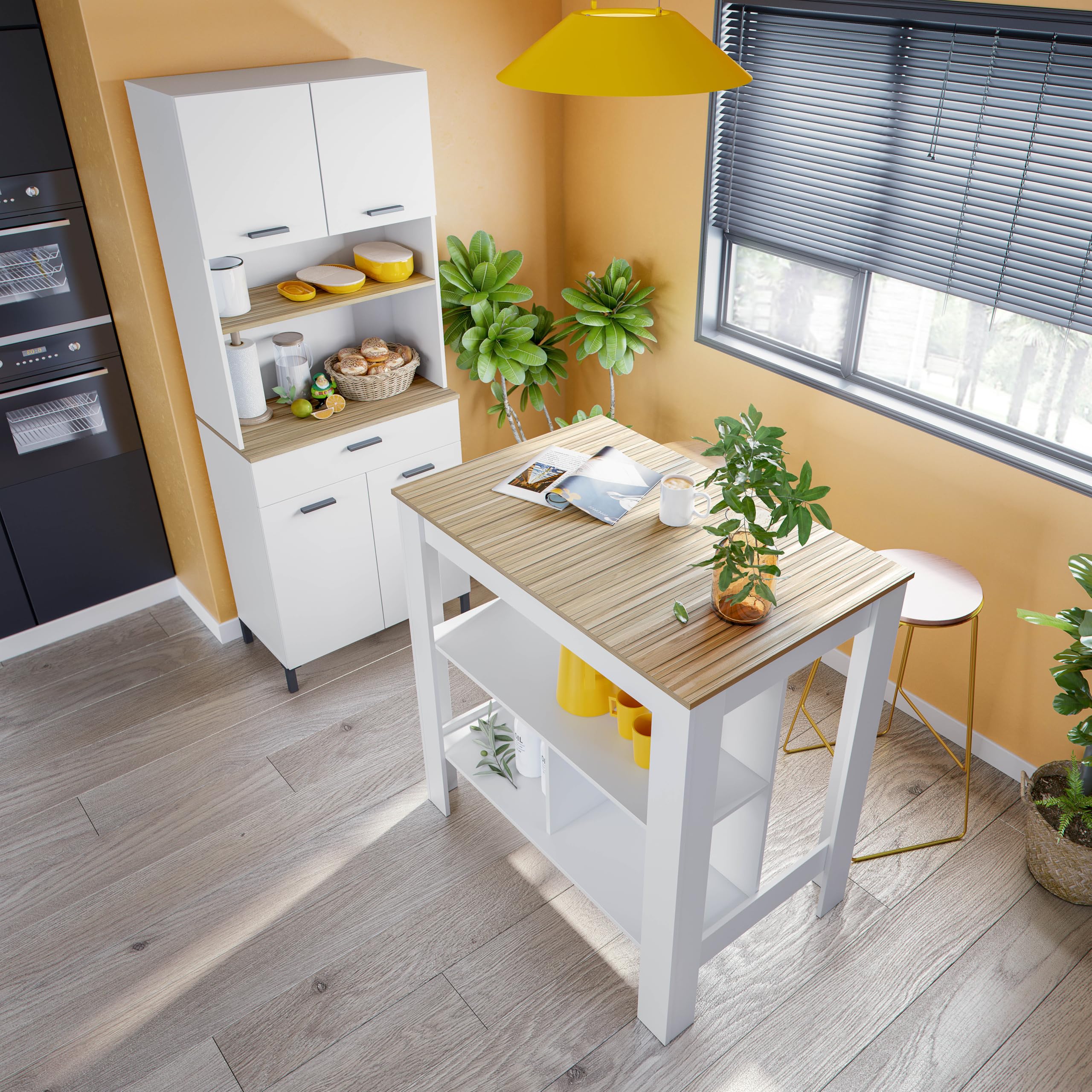 Habitdesign – Mueble de Cocina Alto con 4 Puertas y 1 Cajón, Armario Auxiliar para Cocina, Acabado Blanco Artik y Natur, 185x72x40 cm – Modelo Kira