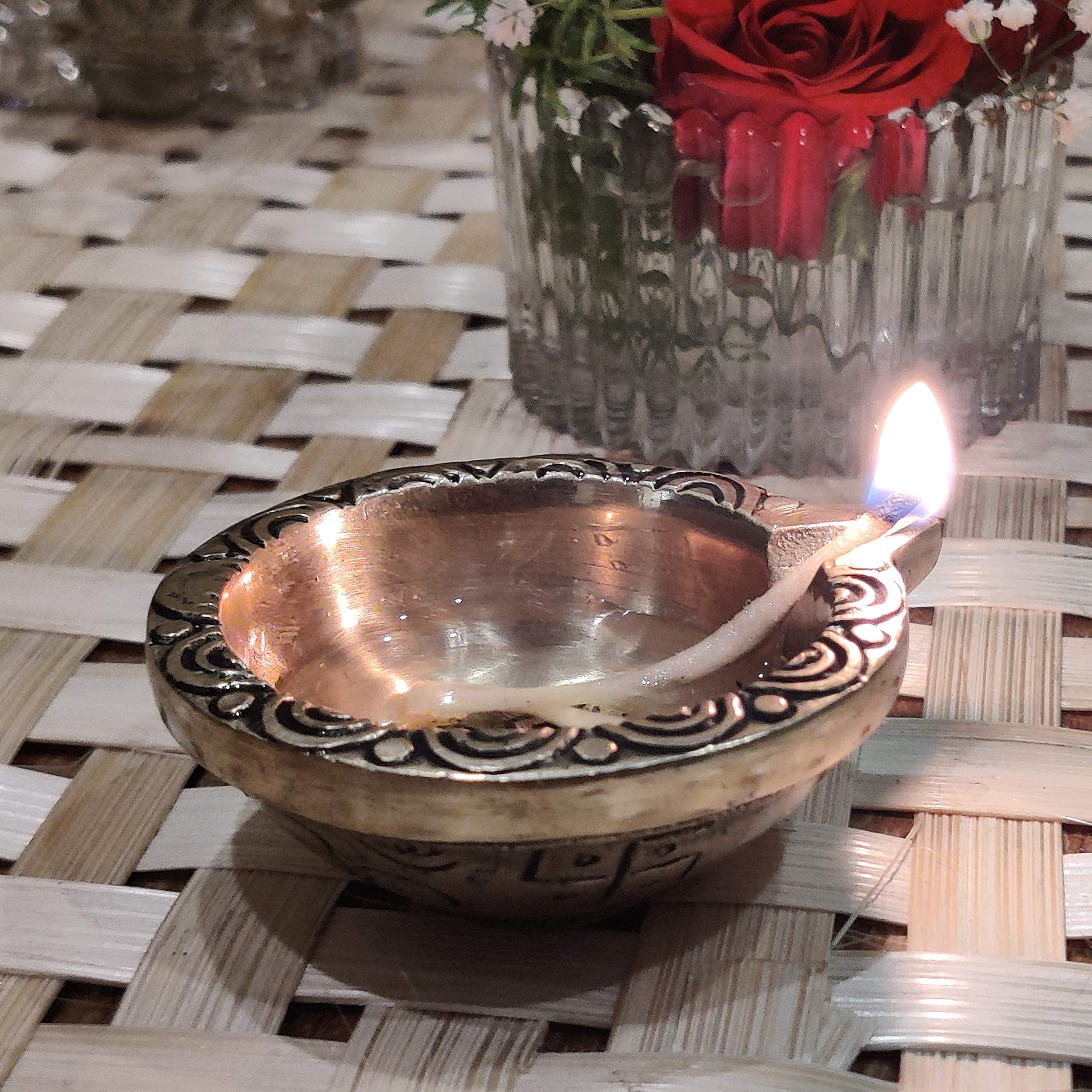 Divya Mantra Swastik Laxmi Brass Diya Indian Diwali Oil Lamp Pooja Light Puja Decorations Mandir Decoration Items Handmade Table Home Backdrop Decor Lamps Made in India Decorative Diyas - Gold (10) - Image 9 thumbnail