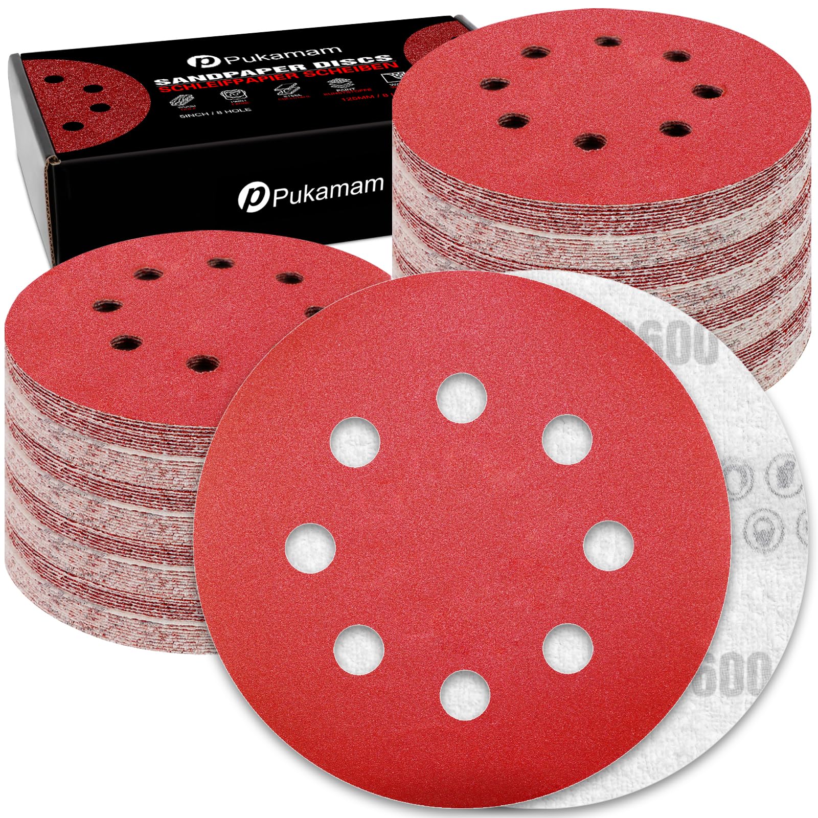 Pukamam 120 Pcs 5 inch Sanding Discs 600 Grit 8 Hole Hook and Loop Round Sandpaper for Random Orbital Sander