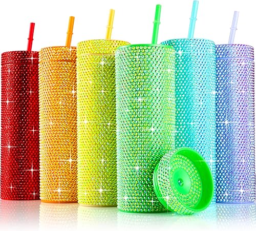 6 vasos brillantes a granel de 16 onzas con diamantes de imitación, reutilizables, vasos de plástico con diamantes de imitación para mujeres, niñas,