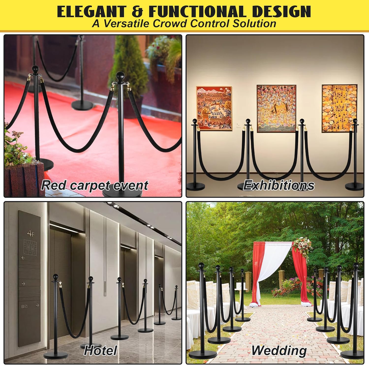 4 Pack Stanchions Post with Velvet Rope, Heavy Duty Metal Posts with Weighted Base, Crowd Control Barriers & Poles for Red Carpet, Movie Theater, Event, Party Supplies (Black)