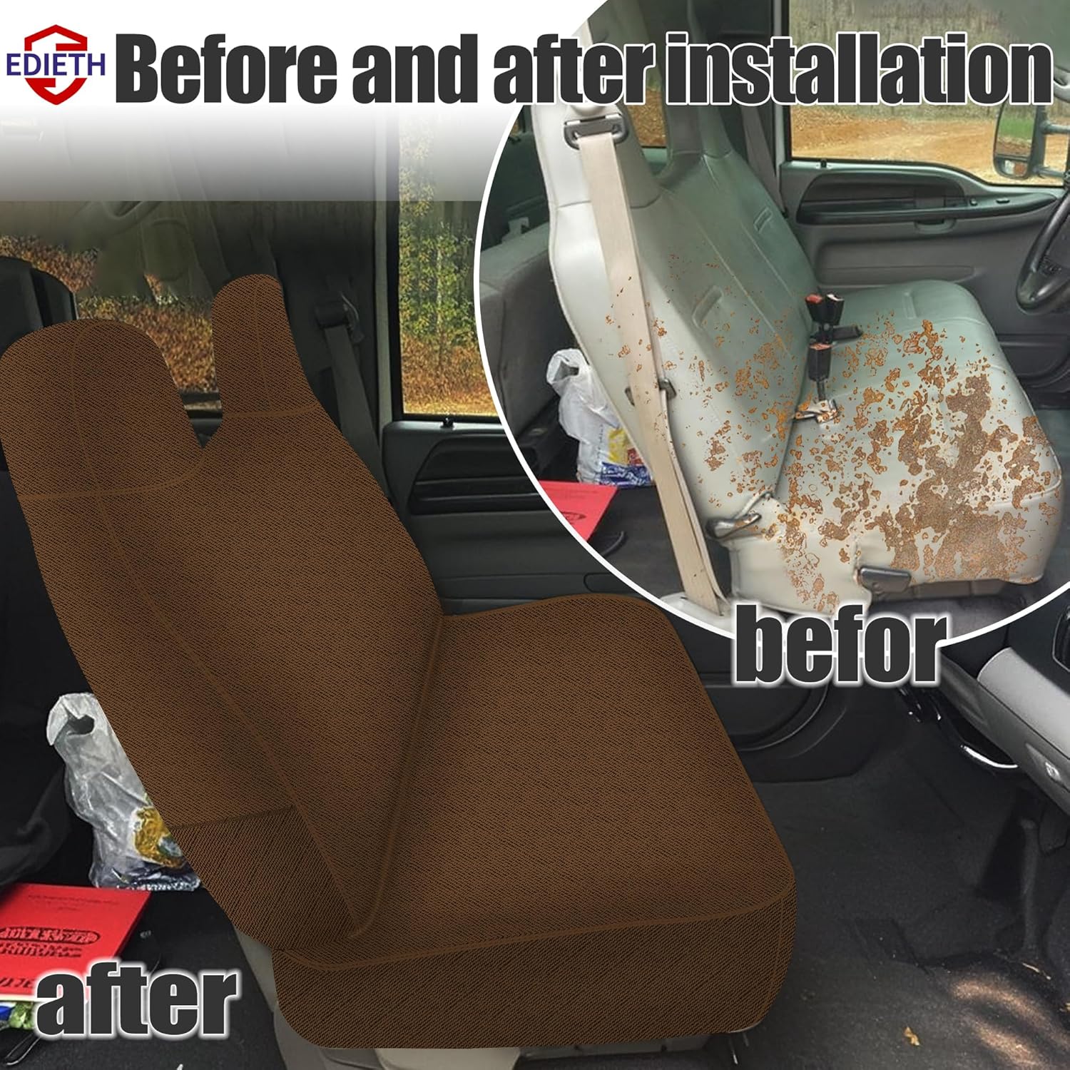 600D Thickened Waterproof Oxford Fabric Front Bench Seat Cover Exact for Ford F250 F350 F450 F550 1999 2000 2001 2002 2003 2004 2005 2006 2007 Super Duty Trucks Full Bench Seat Cover-Brown