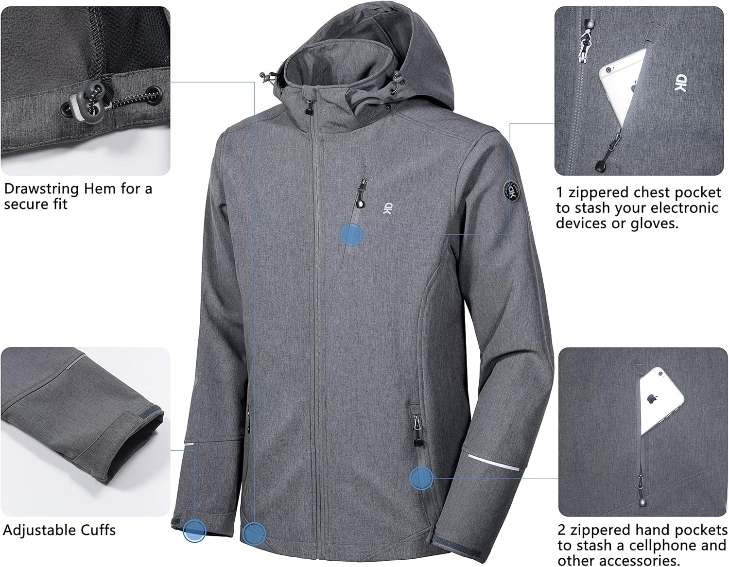 Little Donkey Andy Men's Softshell Jacket Ski Jacket with Removable Hood, Fleece Lined - Image 5