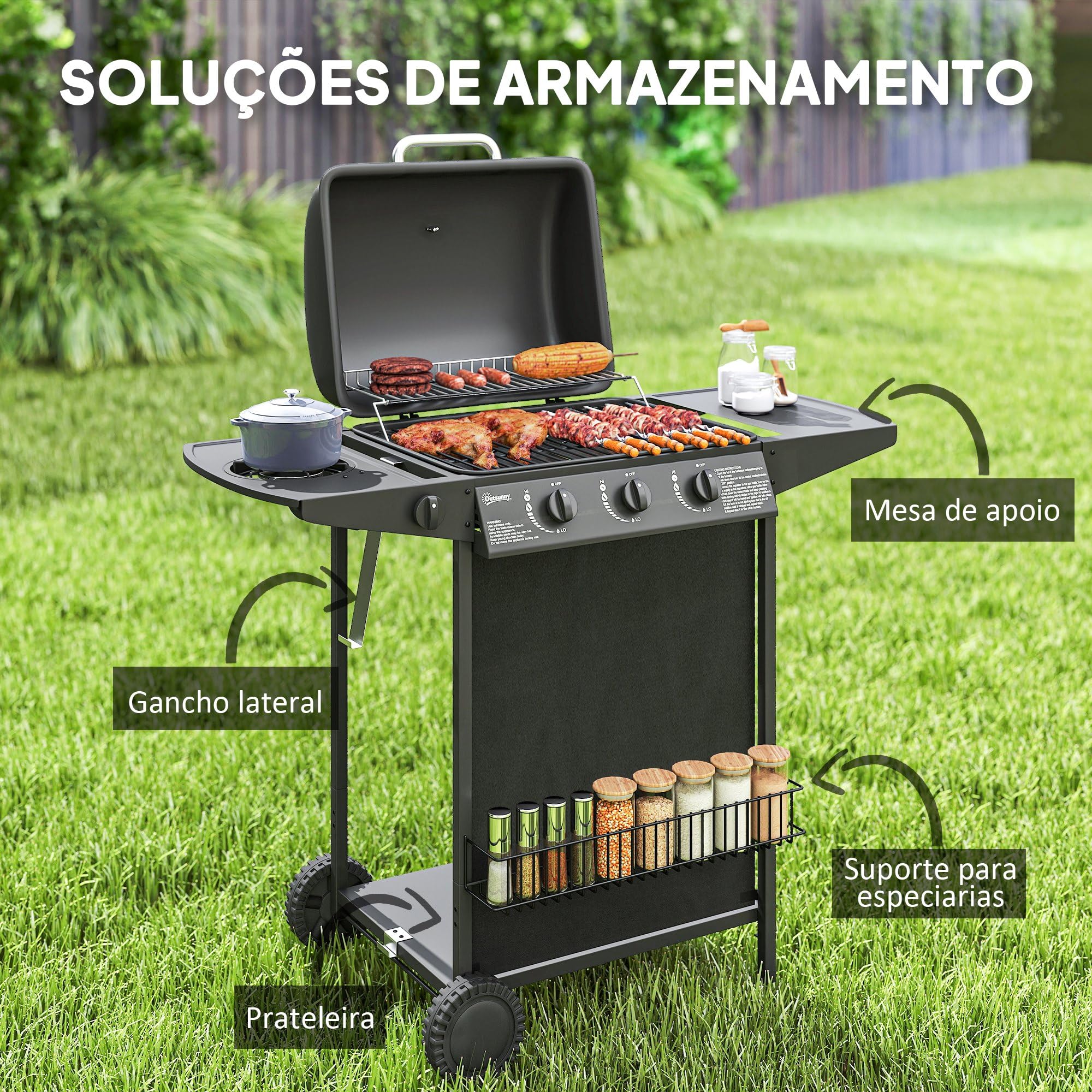 Outsunny Barbacoa de Gas BBQ Gas con 3+1 Quemadores 9,5 kW Barbacoa Portátil con Termómetro Mesa Lateral Estante Especiero Parrilla Recogedor de Grasa 2 Ruedas para Jardín Exterior Camping Negro