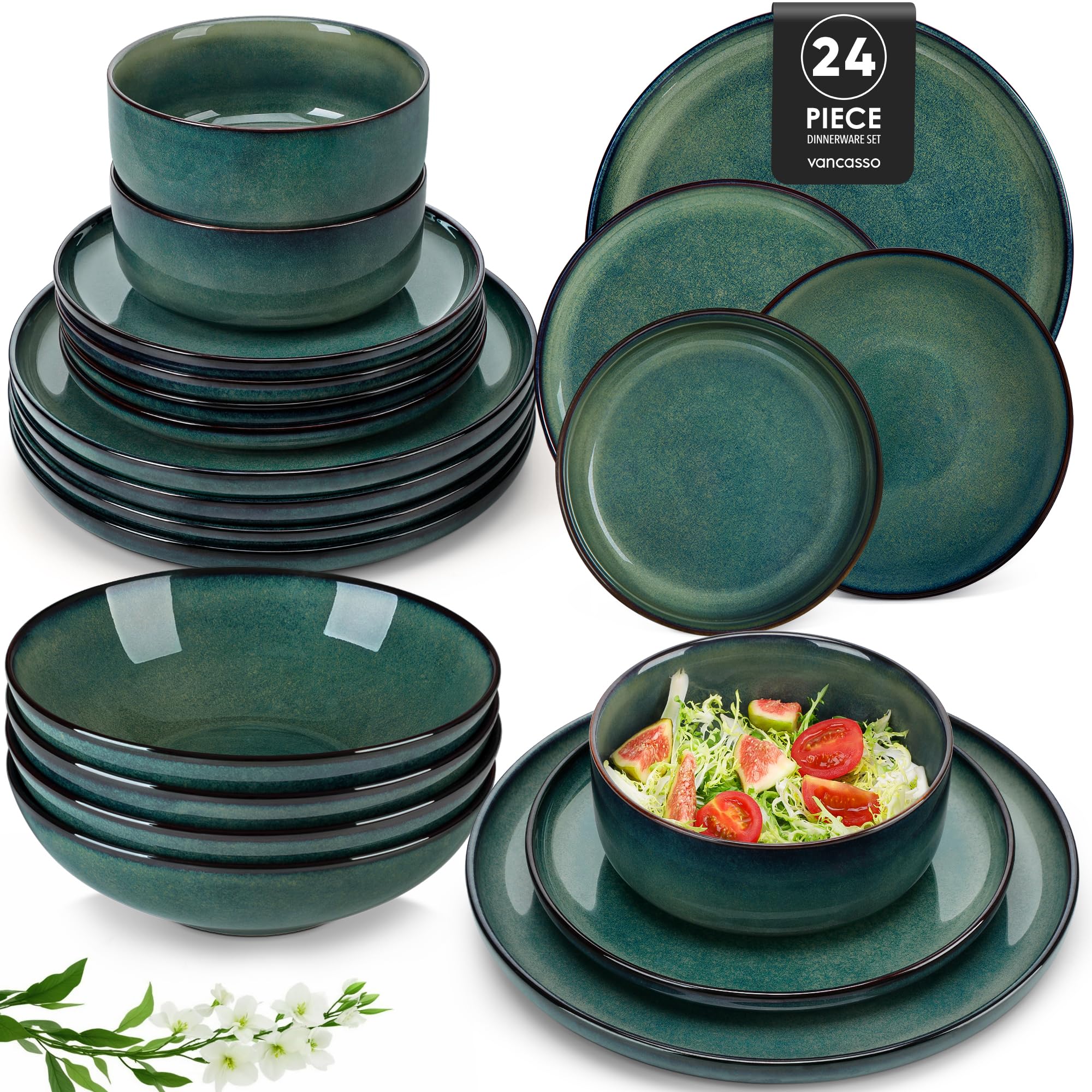 vancasso Crockery Set, Starry 24 Piece Dinner Plates Set of 6, Include Ceramic Dinner Plates, Dessert Plates, Pasta Bowls and Cereal Bowl,Dishwasher and Microwave Safe, Vintage Green — image 1