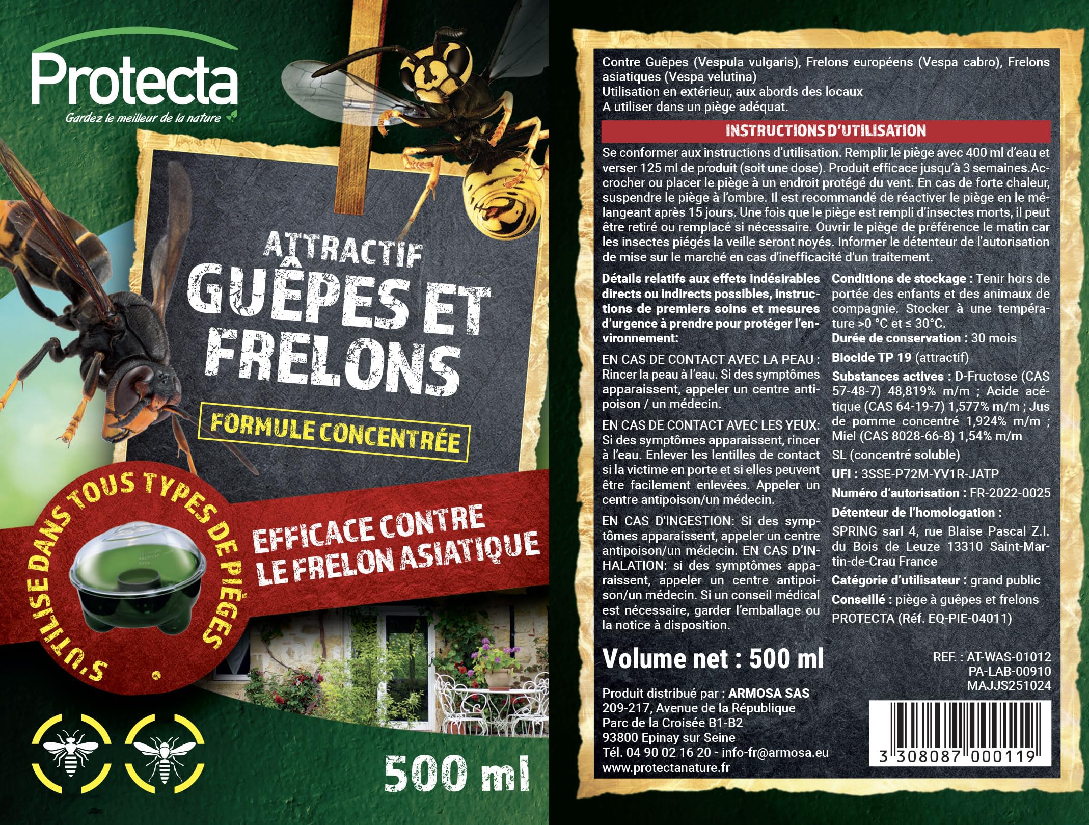 PROTECTA Attractive Vespe, Calabroni e Mosche - Liquido per trappola vespe/protezione naturale ed efficace - concentrato da diluire, può essere utilizzato in tutti i tipi di trappole - 2 x 500 ml