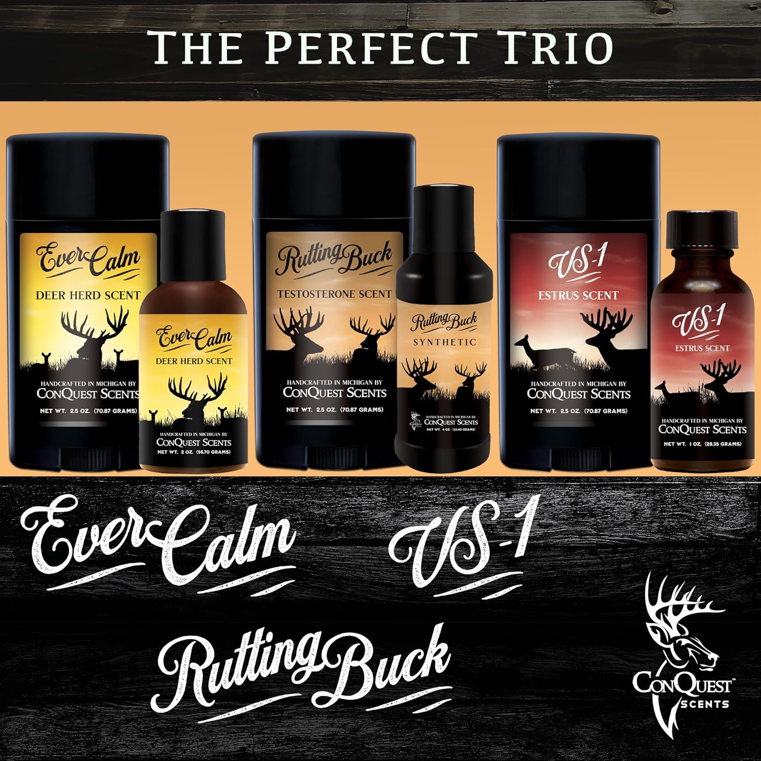 Conquest Scents Trio Hunter’s Package – Vs-1, RuttingBuck & EverCalm Deer Herd Scent Stick, Deer Attractant & Calming Scent, All-Season Hunting Wax Sticks, 2.5 oz
