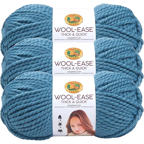 Lion Brand Yarn Wool-Ease Thick and Quick Yarn, Soft and Bulky Yarn for Knitting, Crocheting, and Crafting, 3 Pack, Air Force