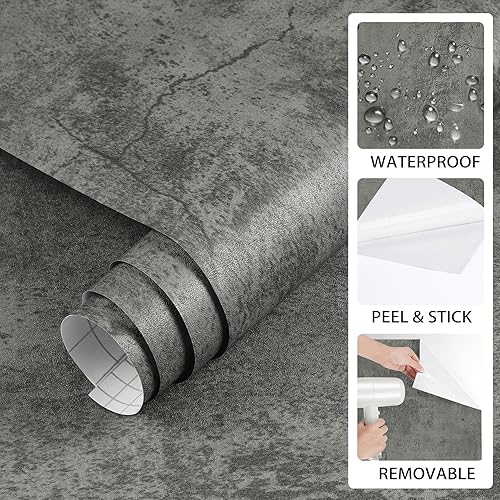 Miniatura 2 de ReWallpaper Papel de contacto de hormigón gris oscuro agrietado de 30 x 16.5 pies para encimeras, impermeable, estilo industrial, manchas de