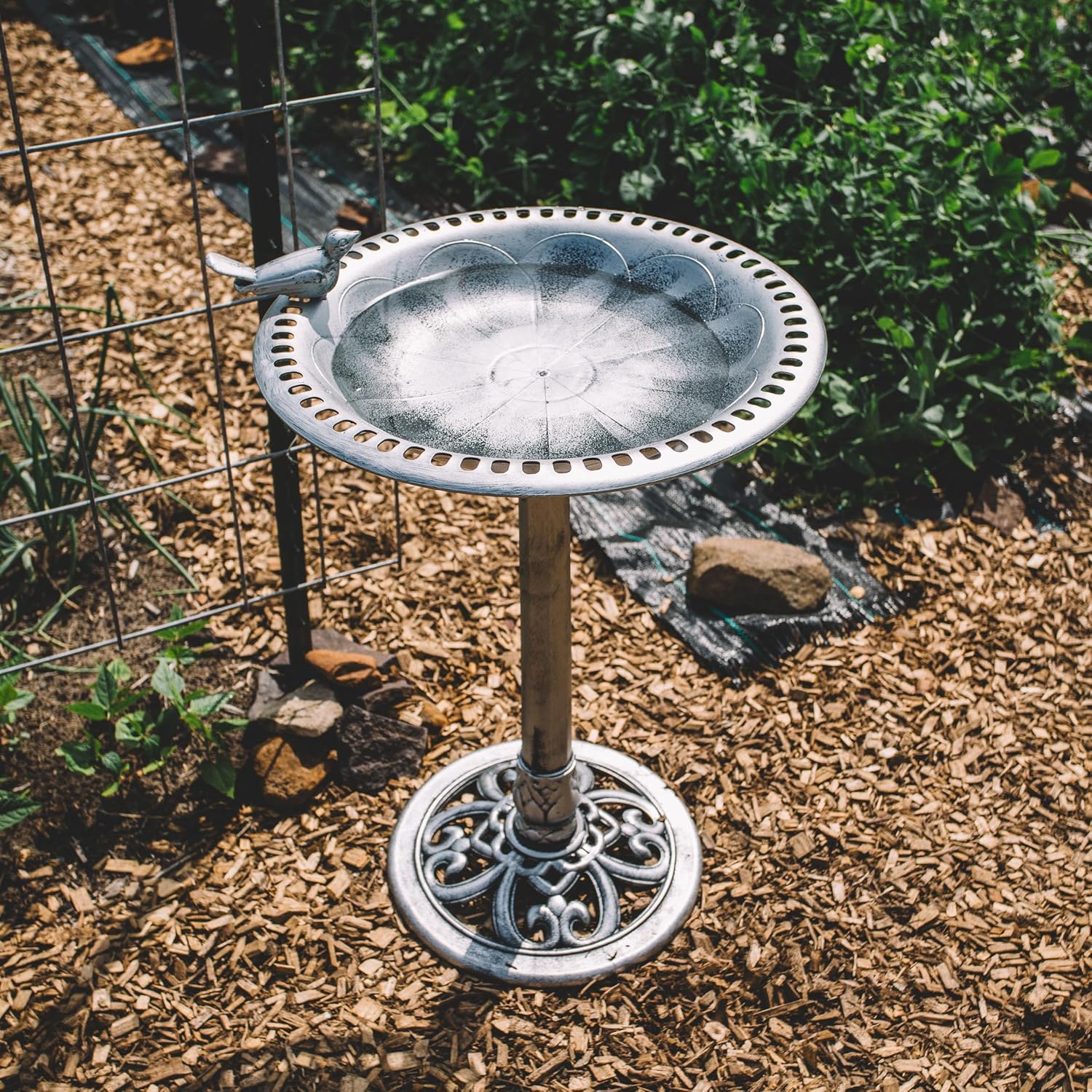 Backyard Expressions Outdoor Garden Bird Bath with Bird - Silver - Weather Resistant Polyresin - 30 Inch