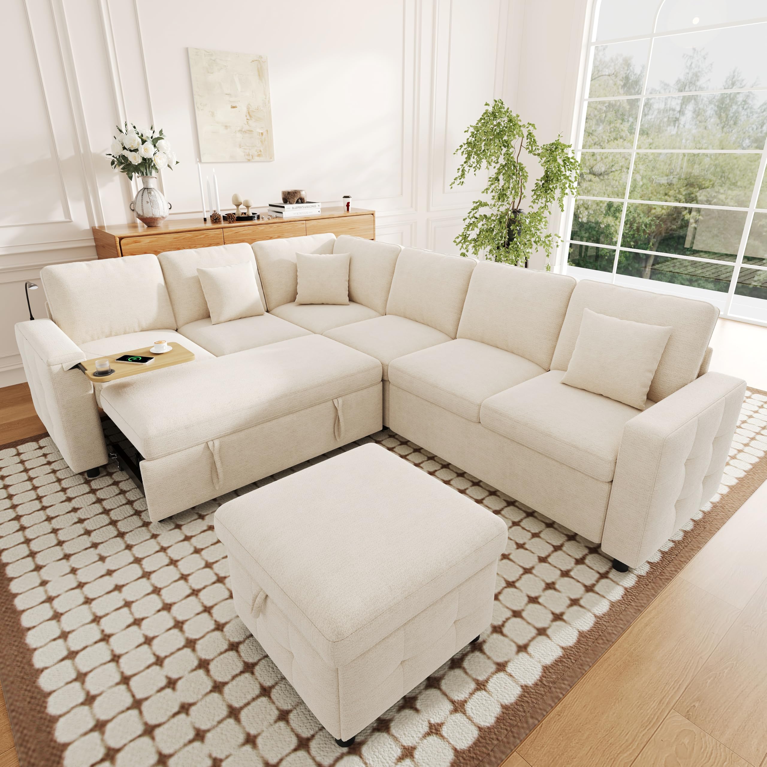 Divano angolare XXL a forma di L, allungabile e convertibile, con funzione letto, per 7 persone, con braccioli, tavolino pieghevole, porta bevande, 3 cuscini, beige