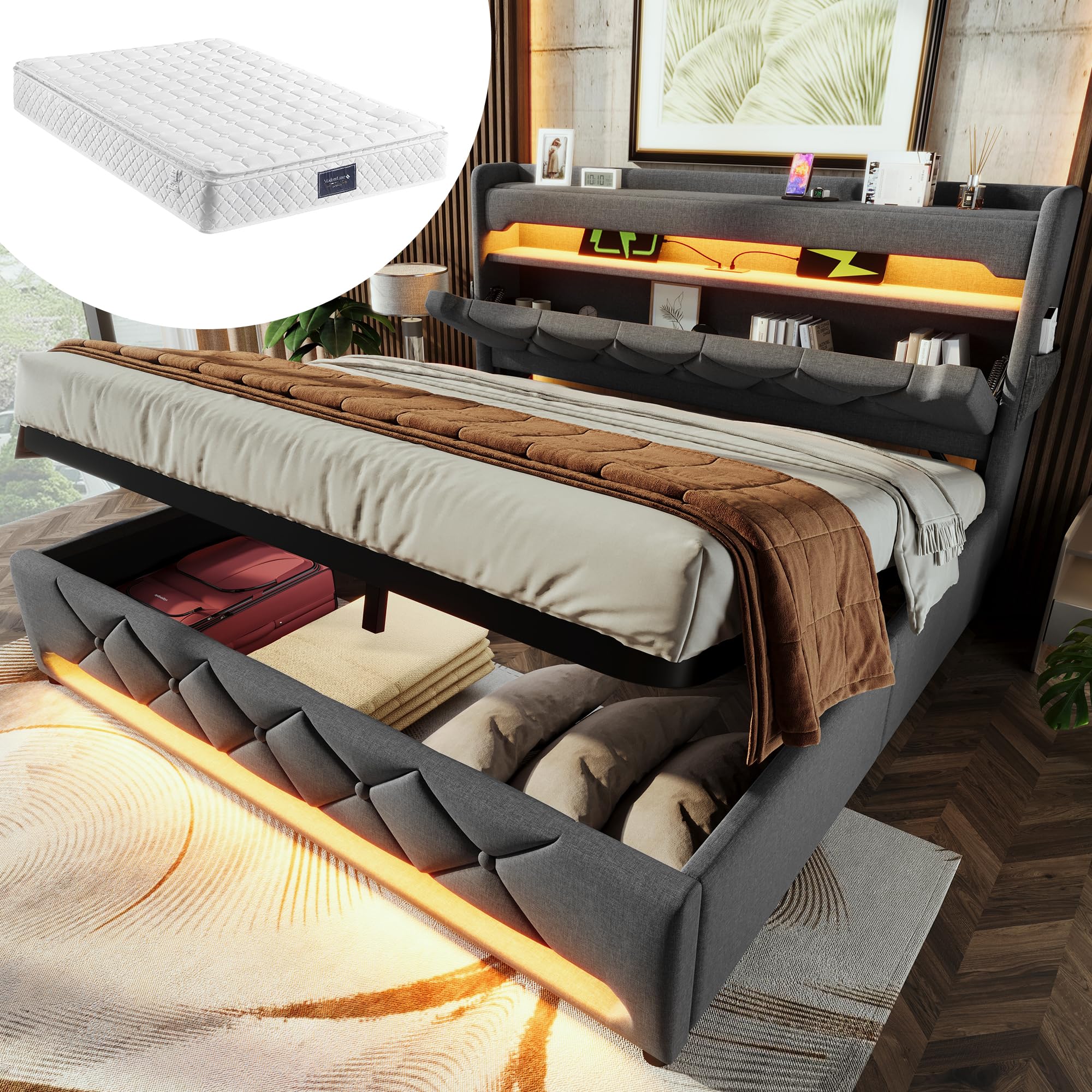Łóżko tapicerowane 140 x 200 cm, podwójne łóżko z USB/typ C i oświetleniem LED, rama łóżka z hydraulicznym schowkiem, łóżko do przechowywania z materacem, lniano-szare, wysoka nośność 250 kg