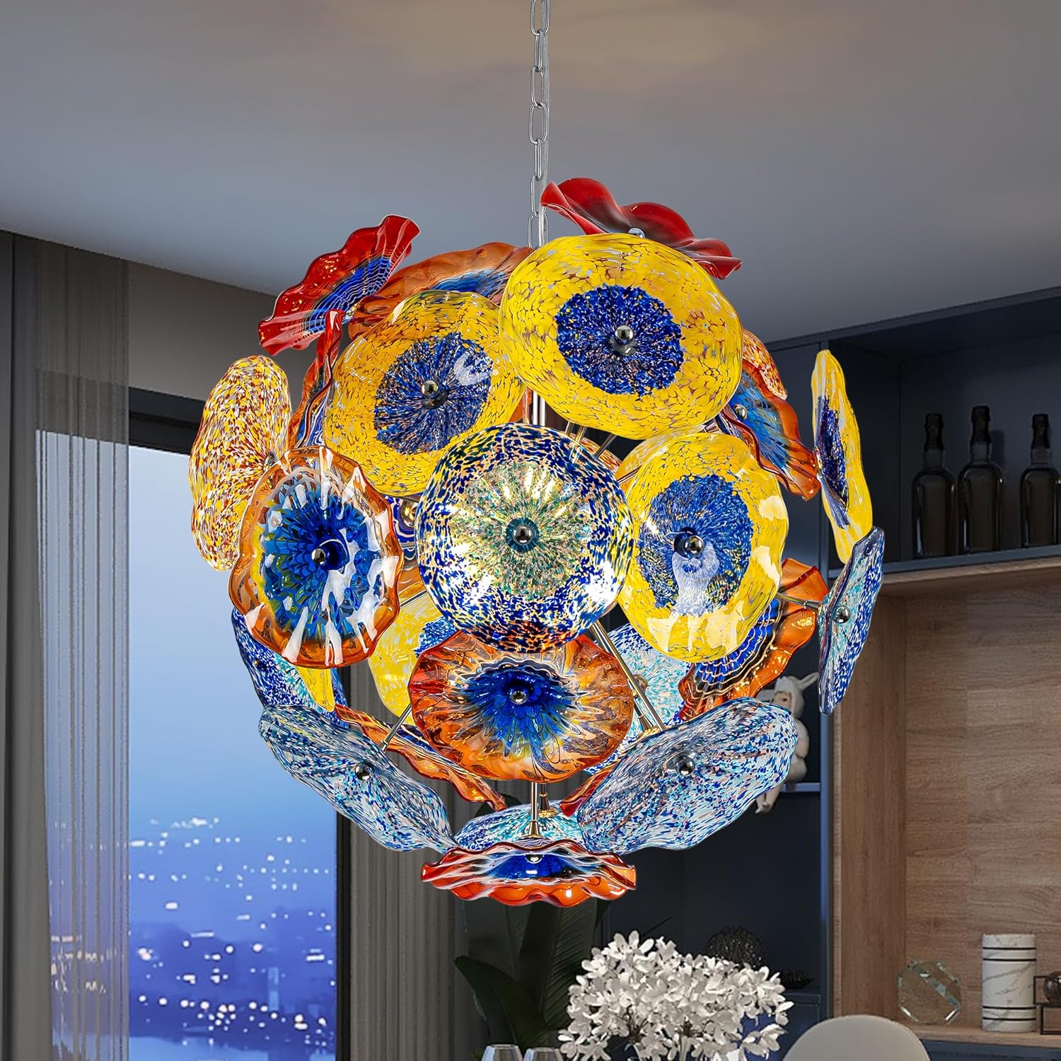 Hand Blown Glass Chandelier,Murano Glass Chandelier Pendant Light, Ceiling Light Fixture for Living Room, Lobby, Stairway, Bedroom, Hallway (Multicolour, 24 * 24)