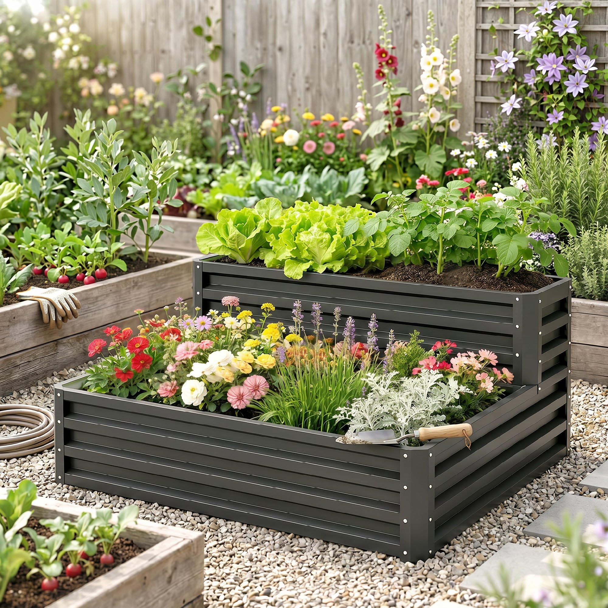 Outsunny Carré Potager de Jardin jardinière en Acier galvanisé lit de Jardin surélevé Fond Ouvert 2 étages pour Herbes légumes Fruits Fleurs 120 x 101 x 58 cm Gris foncé