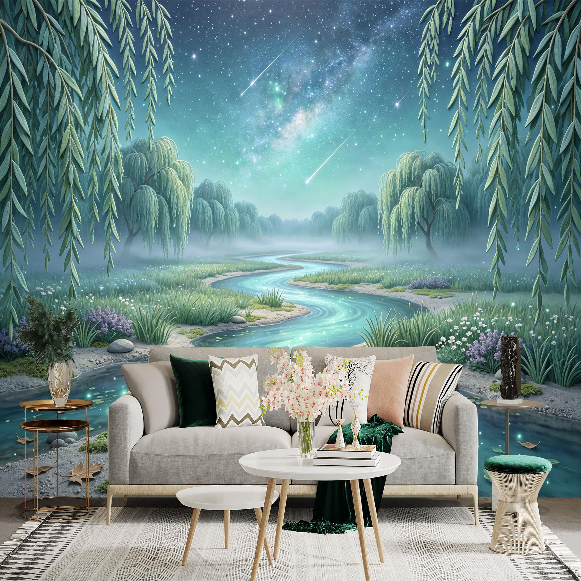 Lnzczhyre Bh260719127 Custom Size Wall Sticker Mural， Dreamy River Landscape， Weeping Willow Trees， Glowing Night Sky， Starlit Mist， For Wall Decoration， Peelandstick Wall Decals.