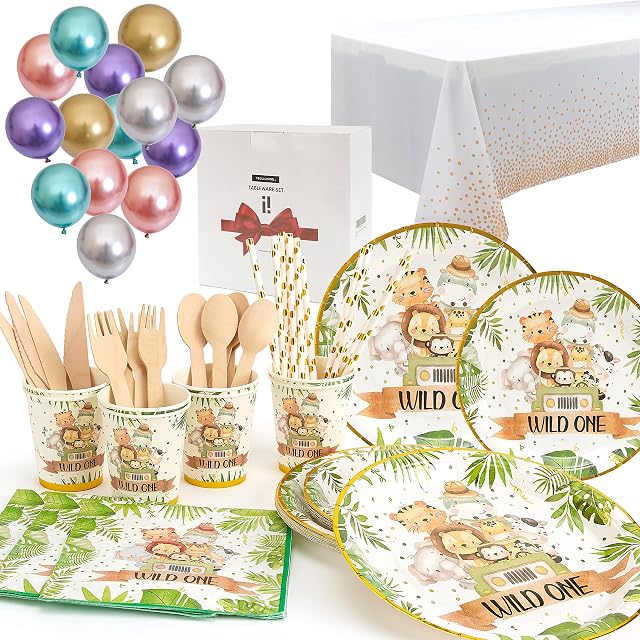 UPGRADED Disposable Party Tableware Set, Jungle Animals Party Tableware, Jungle Animals Party Supplies, Disposable tablecloths, Paper Cups, Plates, Straws, Napkins, Cutlery, Balloons (12 Guests)