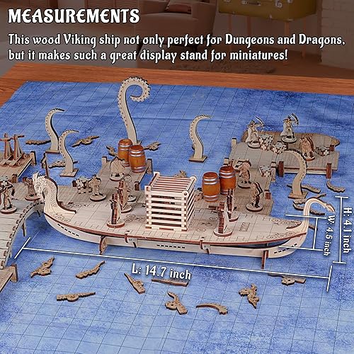 Miniatura 4 de Miniaturas Viking Longship Madera Cortada con Láser de 1 pulgada Cuadrícula Cuadrada Mapa de batalla para D&D, Calabozos y Dragones, Pathfinder u