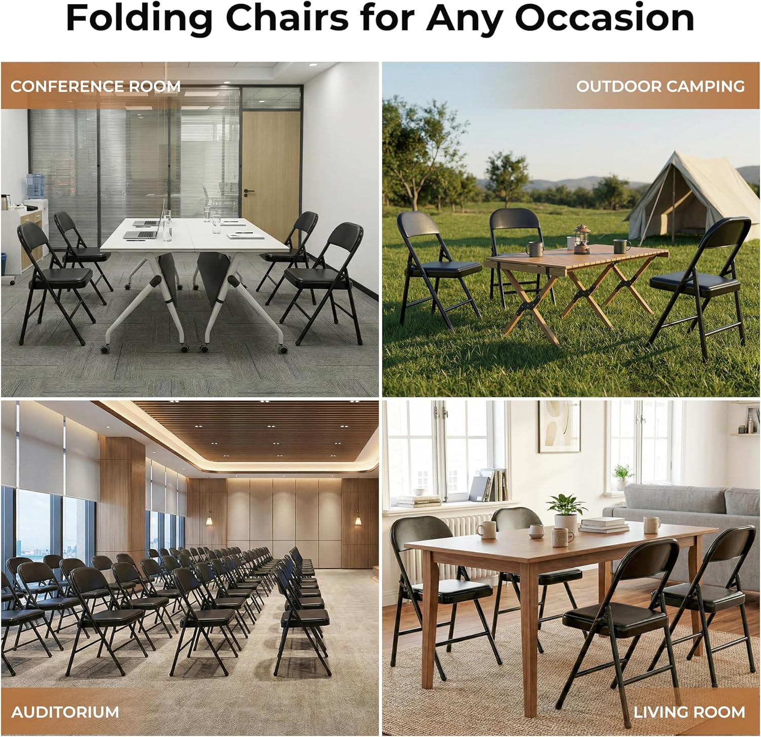2 Pack Folding Chairs with Cushion Padded - Metal Chairs w/Comfortable Seats and Durable Steel Frame Foldable Chair for Indoor Outdoor Wedding, Party, Backyard & Office Events (Black, 2 Pack)
