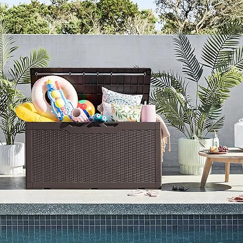 Miniatura 5 de Flamaker Caja de almacenamiento para exteriores, caja de resina impermeable de 100 galones, con barra de aire, banco de almacenamiento con cerradura