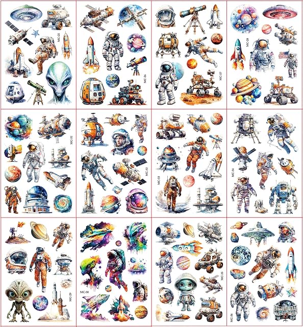 Foto 2 de 6 de Espacial Tatuajes Temporales Niños, 12 Hojas Espacio Purpurina Tatuaje Temporal