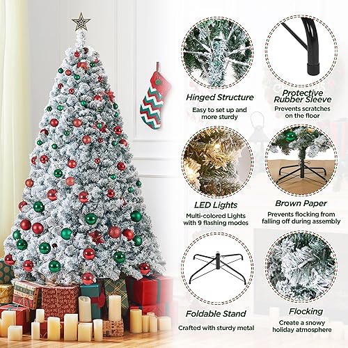 Miniatura 4 de Yaheetech Árbol de Navidad artificial de abeto preiluminado de 6 pies con bisagras flocadas de nieve con 250 luces LED multicolor y 820 puntas de