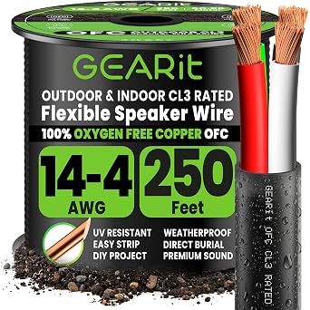 GEARit Outdoor Speaker Wire 14 Gauge,OFC Speaker Cable 250FT UL CL3 Rated | 14/4 Speaker Wire with Foot Markers,Polarity Marked,14 AWG Copper Wires for In Wall,Garden,CommercialOFC,Black,4 Conductors
