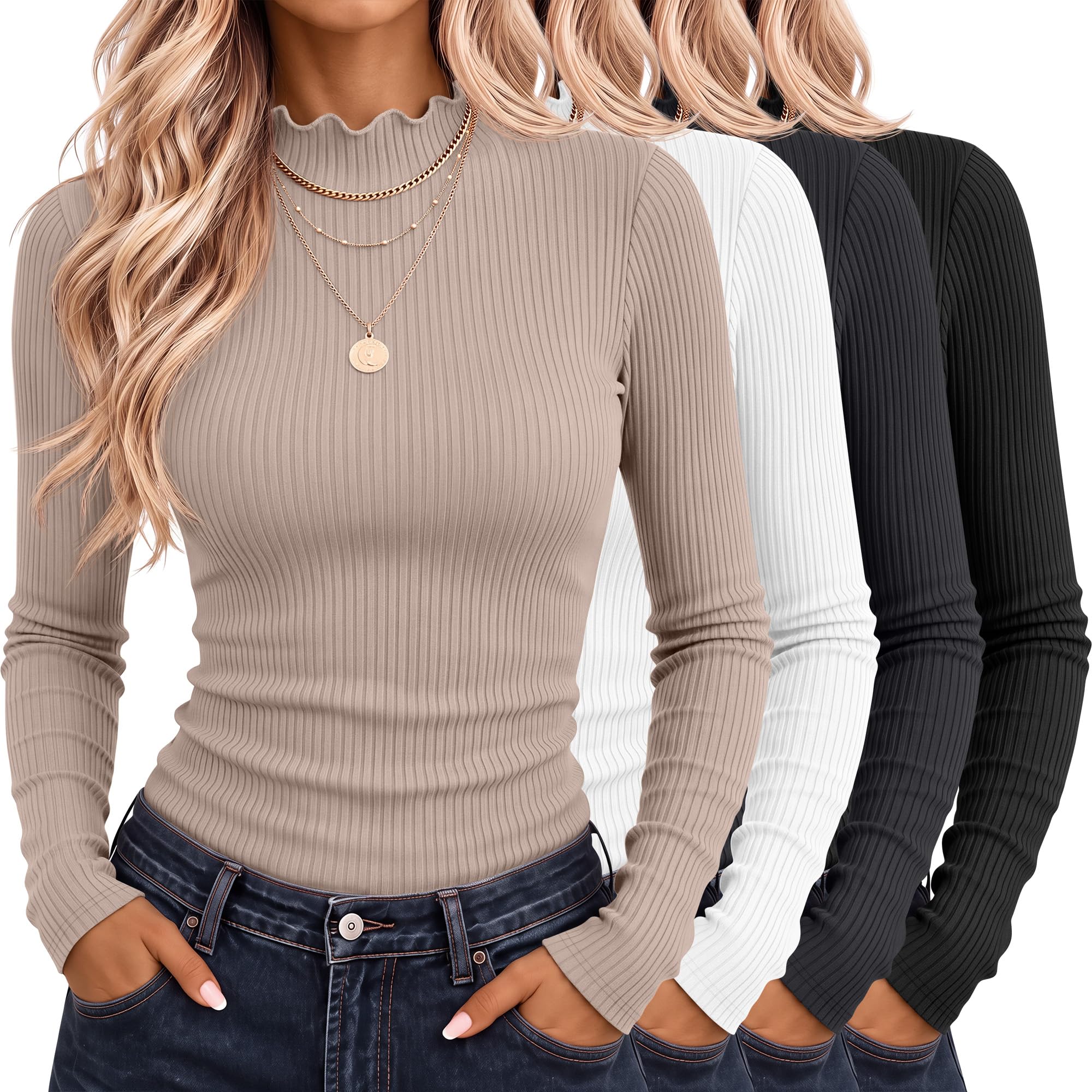 Riyiper 4 Pack Womens Cotton Mockneck Ribbed Long Sleeve Tops