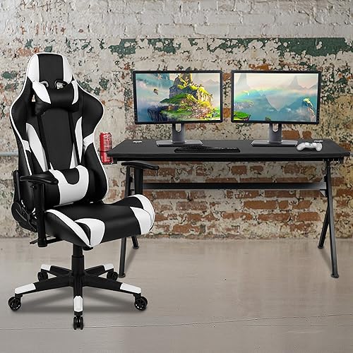 Miniatura 254 de Flash Furniture Juego de escritorio para juegos negro y silla de carreras blanco/negro con soporte para tazas, gancho para auriculares y soporte