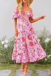 PRETTYGARDEN Women's Casual Summer Midi Dress Puffy Short Sleeve Square Neck Smocked Tiered Ruffle Dresses