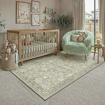 HUGEAR 3x5 Area Rugs for Living Room Washable Rug Carpet Green Neutral Bedroom Rug Non Slip Soft Low Pile Retro Distressed Stain Resistant for Home Dining Room Office Farmhouse