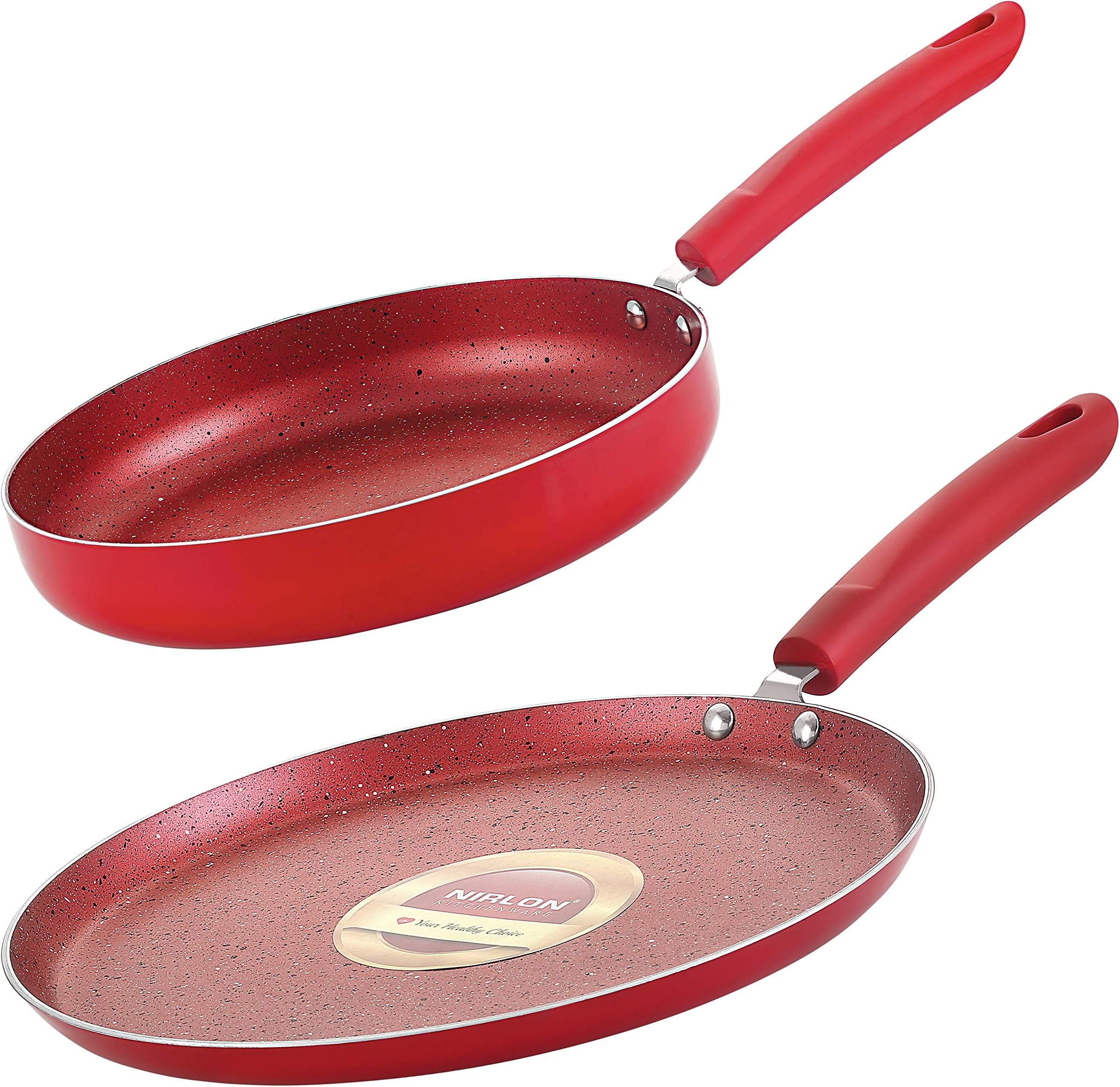 Nirlon Red Velvet 2-Piece Aluminium Non Stick Dishwasher Safe Induction Cookware Set [1 Flat Dosa Tawa 260mm|1 Fry Pan 240mm - 1.5 Liter]