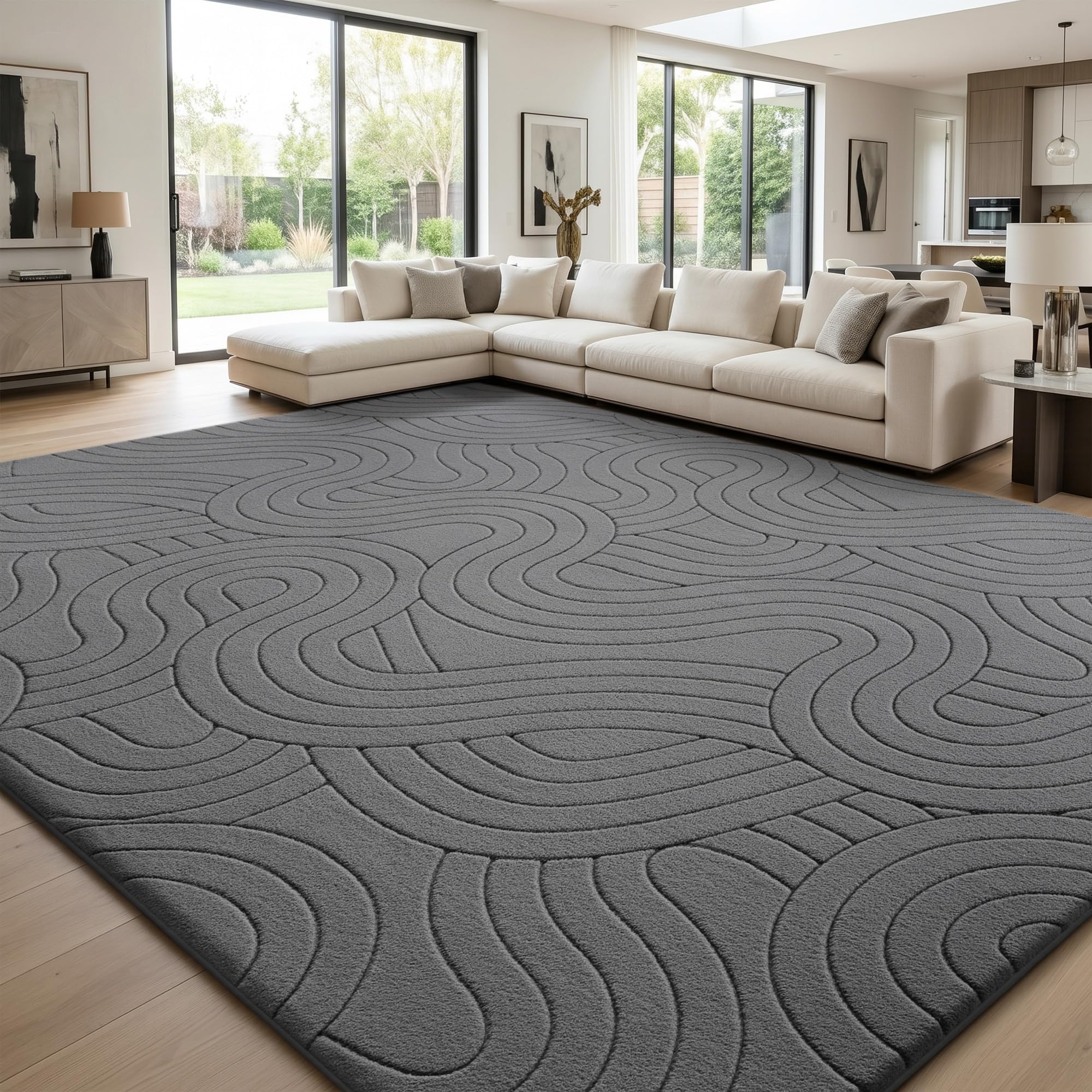 Sour Lemon Rugs Living Room Bedroom 120 x 160 cm, Grey Large Modern Wave Area Rug Soft 3D High-Low Pile Carpet， Anti Slip Machine Washable Short Pile Mat Rug for Kids Room Office Decor