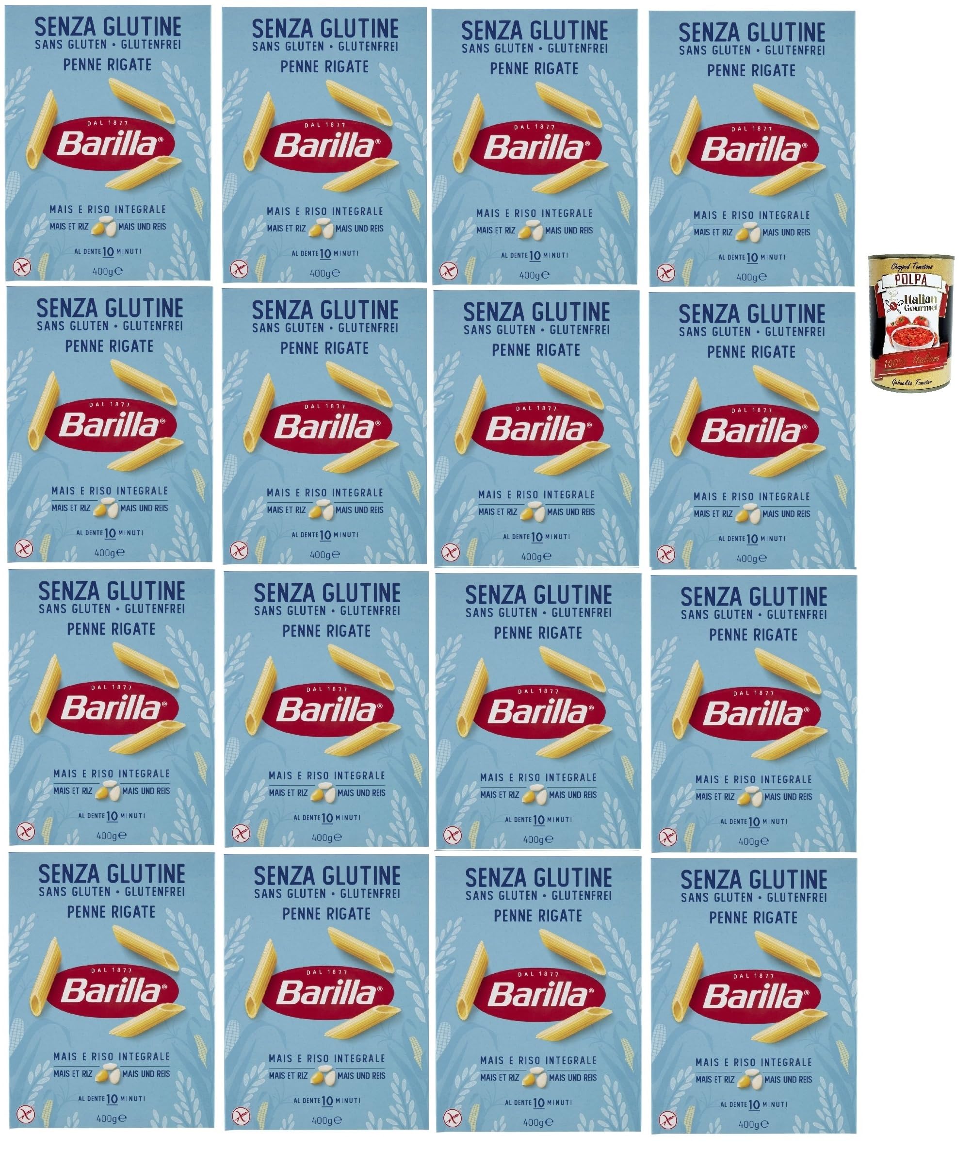 Italian Gourmet Bundle Glutenfreie Penne Rigate 16x 400g + Italian Gourmet Polpa Gratis – Pasta Senza Glutine aus Mais & Vollkornreis, italienische Penne für Tomatensauce, Auflauf & Vorrat 6,4kg