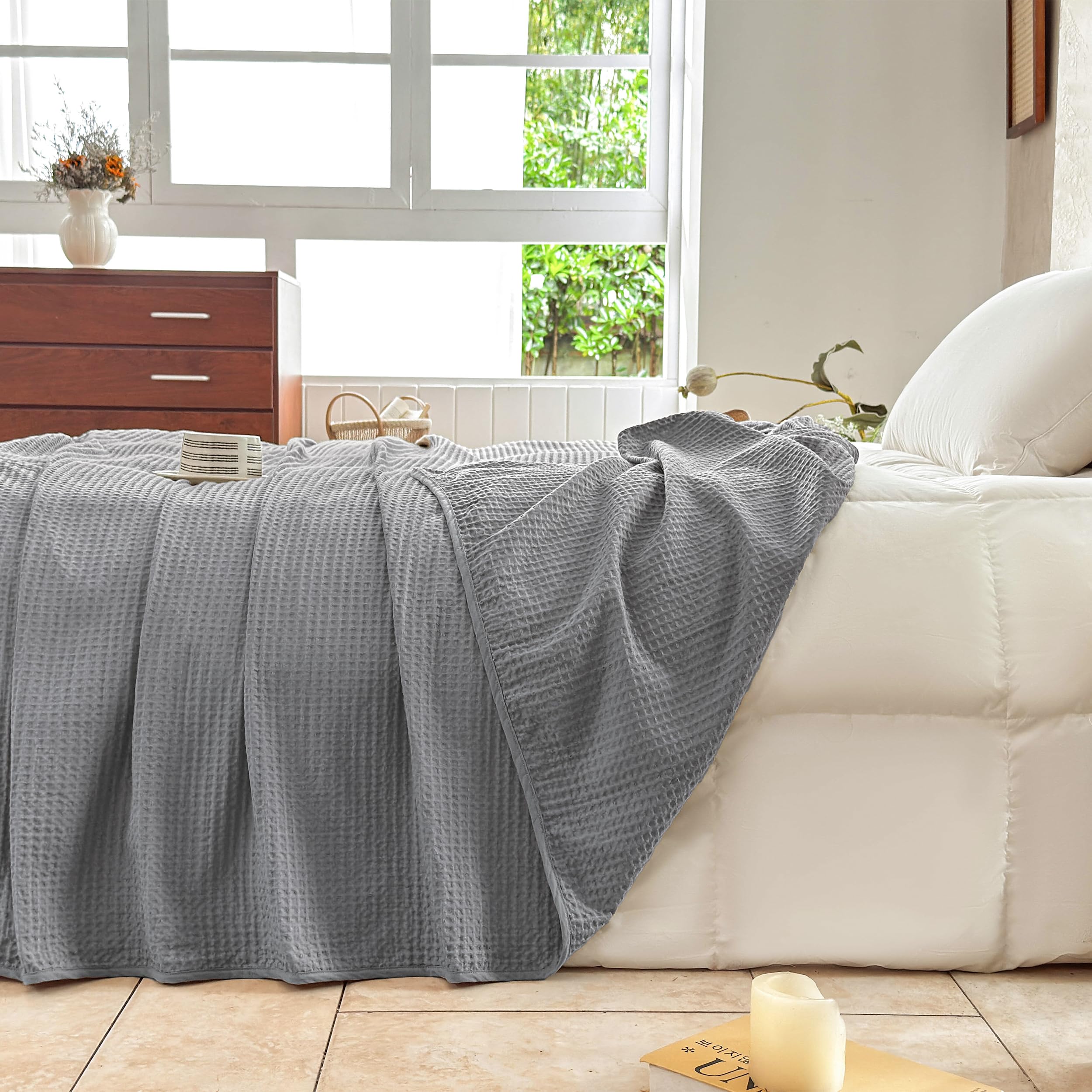 Simple&Opulence 100% Baumwolle Waffledecke Kuschedecke 150x200cm, Atmungsaktiv und Hautfreundlich, Oeko-TEX Zertifiziert Alljahresdecke für Sofa Bett Wohnzimmer, Grau