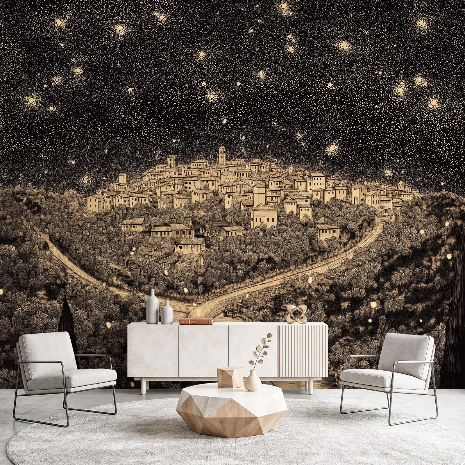 Générique Fototapeta 250 x 175 cm, romantyczna noc vintage, europejskie miasto, gwiaździste niebo, wir, do korytarza, biura, ciemnoszara, dekoracja ścienna