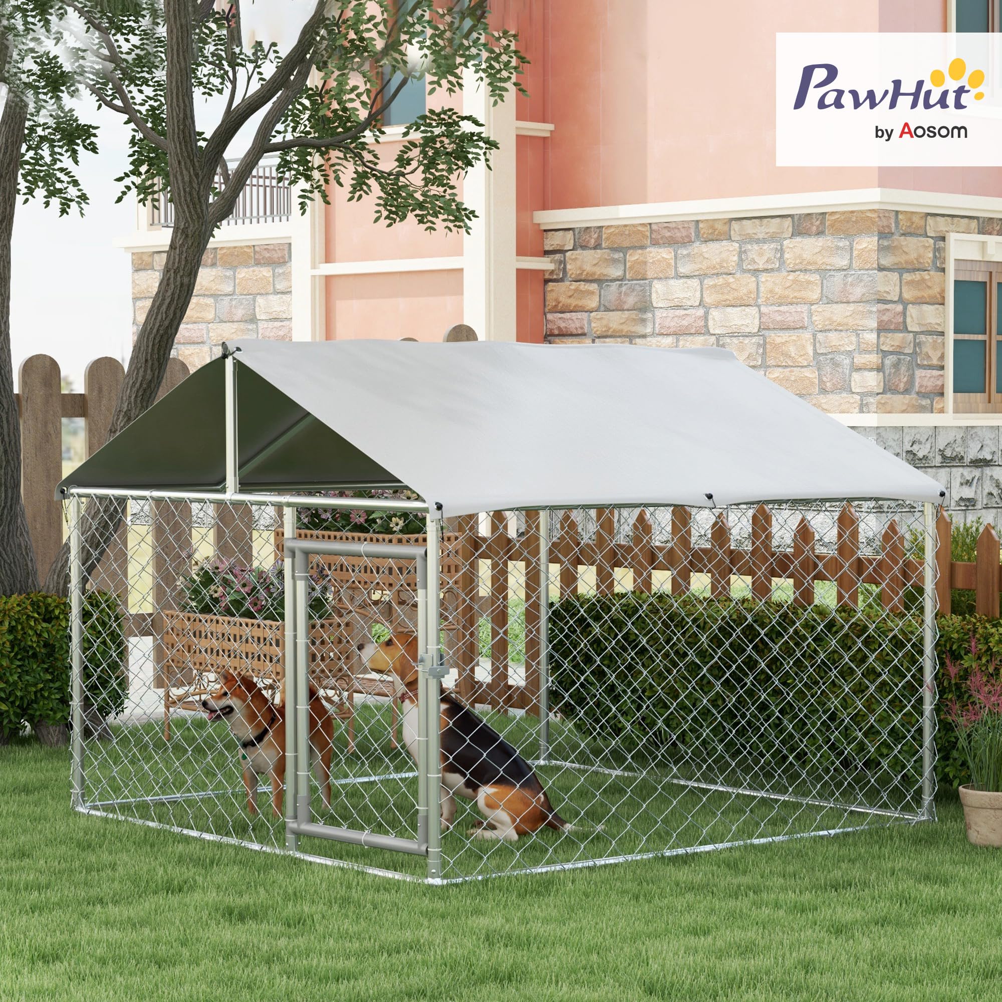 PawHut Kennel Grande per Cani da Esterno, 200x200x150cm, Argento e Grigio