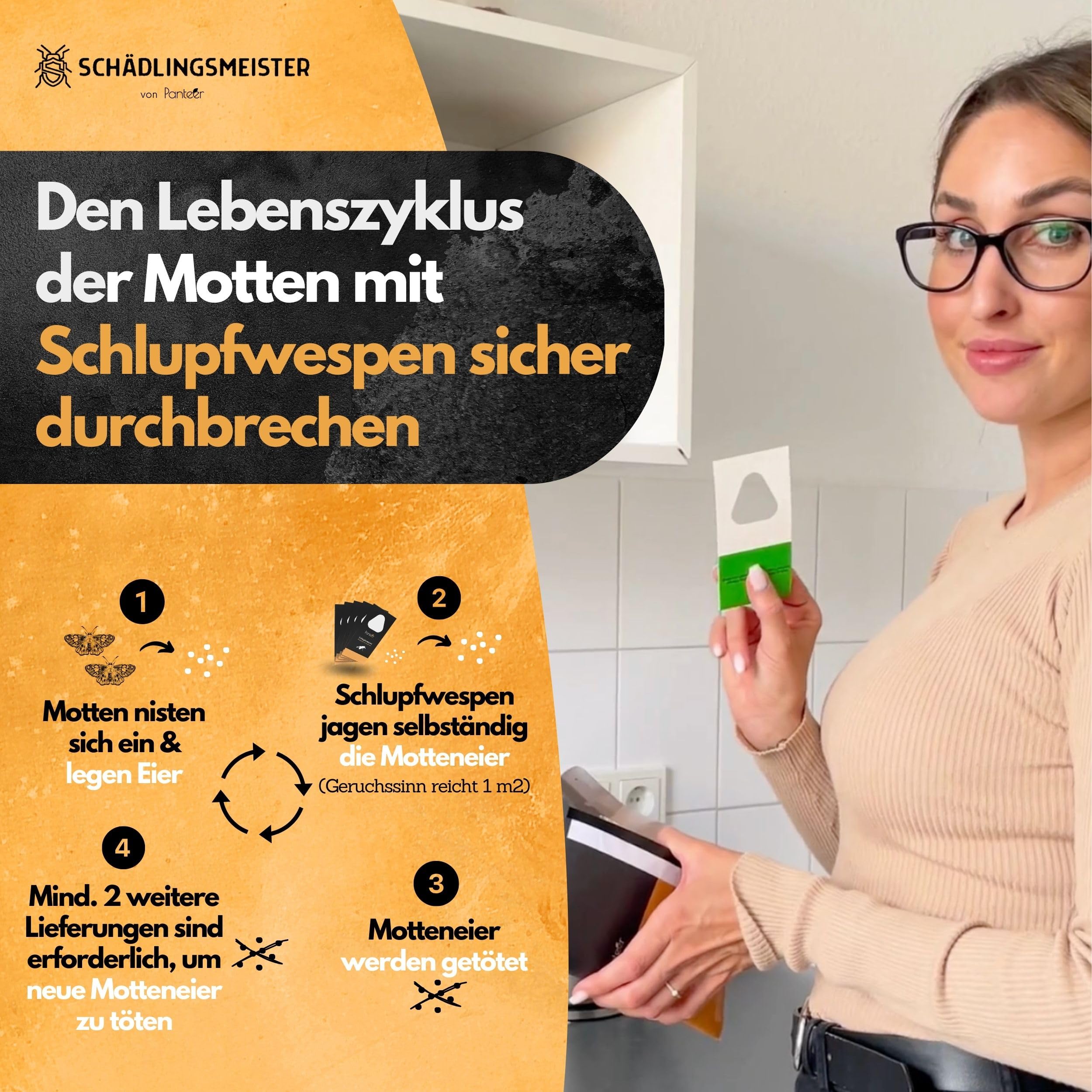 Panteer ® Schlupfwespen gegen Lebensmittelmotten + GRATIS Mottenfalle (8 Karten, 4 Lieferungen) - Schlupfwespen, Schlupfwespen Lebensmittelmotte, Mottenfalle Lebensmittel, Schlupfwespen gegen Motten