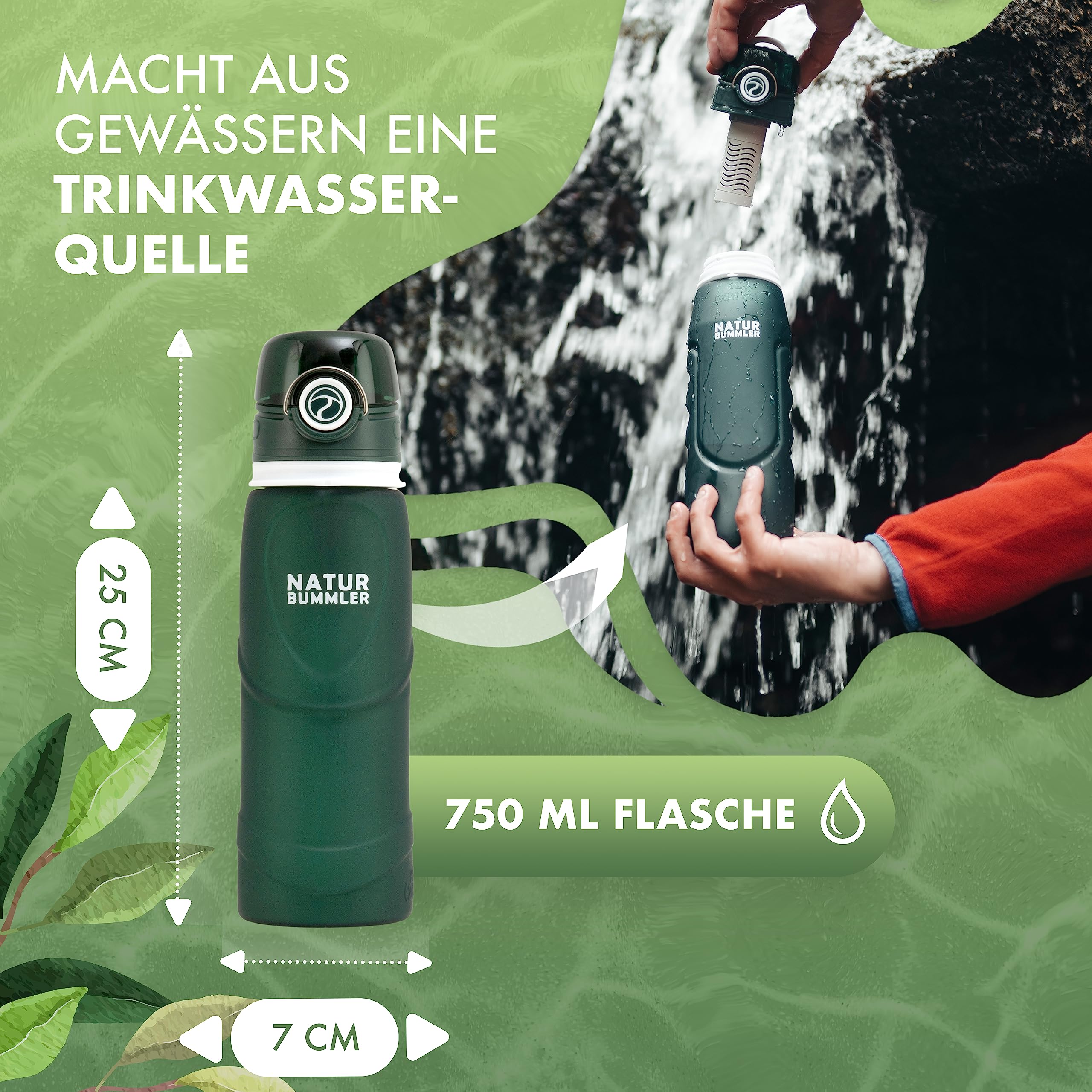 NATURBUMMLER Wasserfilter Flasche [750 ml] faltbar & ultraleicht – Filtert 99,99 % aller Bakterien (200L Kapazität) – Trinkflasche mit Filter für Outdoor Survival Camping & Wandern