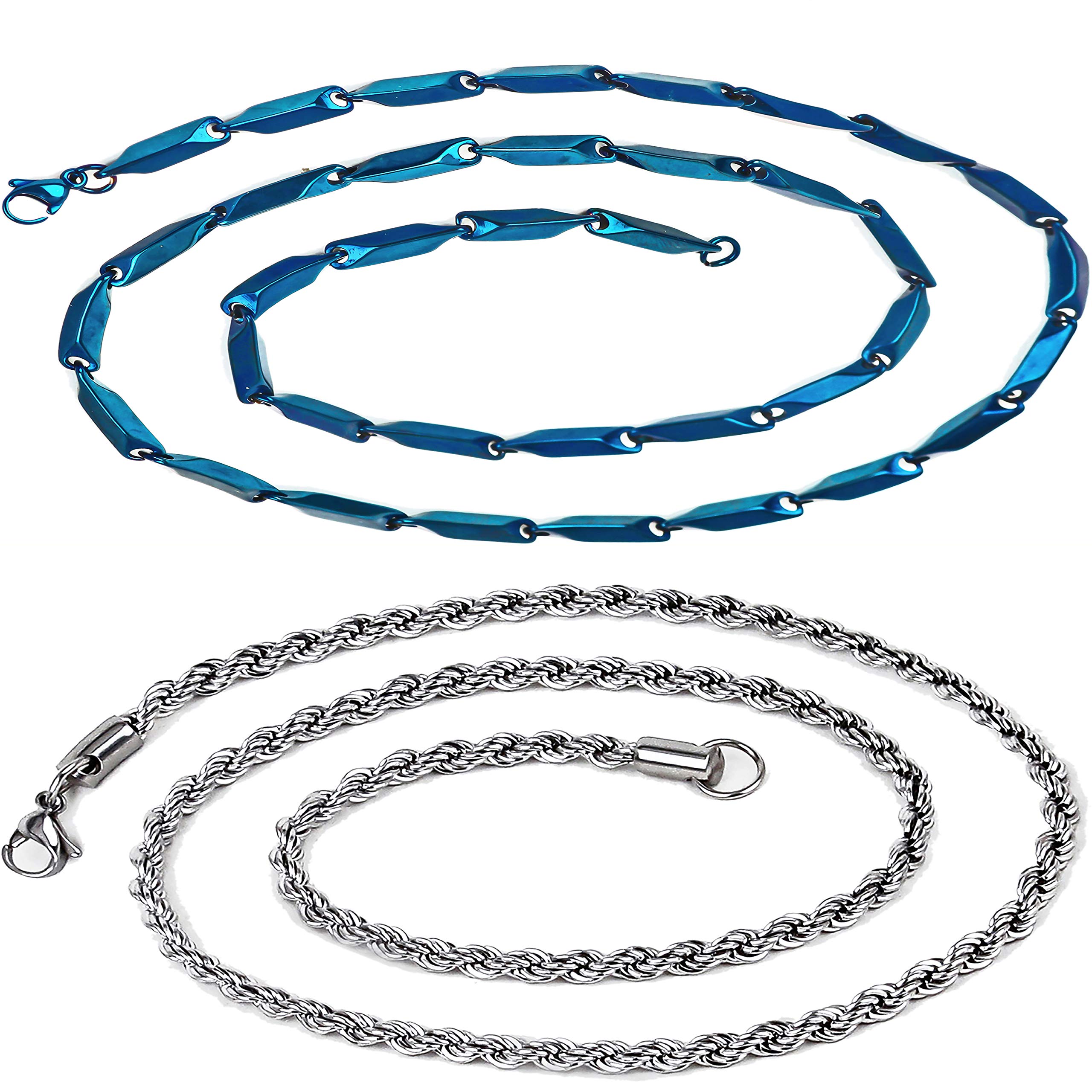 Fashion Frill (FF445_FF442 Blue Silver Stainless Steel Combo Chain For Men Women - 24 Inches Long (B093717X4M) Amazon Price History, Amazon Price Tracker